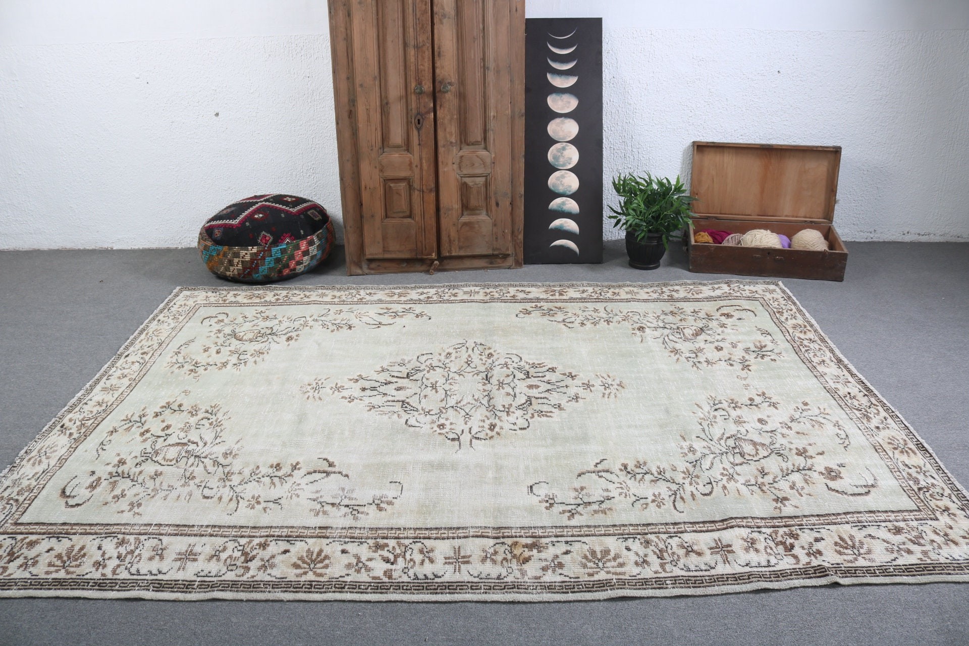 Salon Rugs, Vintage Rugs, Large Oushak Rug, Green Oriental Rugs, Aztec Rug, Geometric Rug, Turkish Rug, Anatolian Rug, 6.8x9.4 ft Large Rug