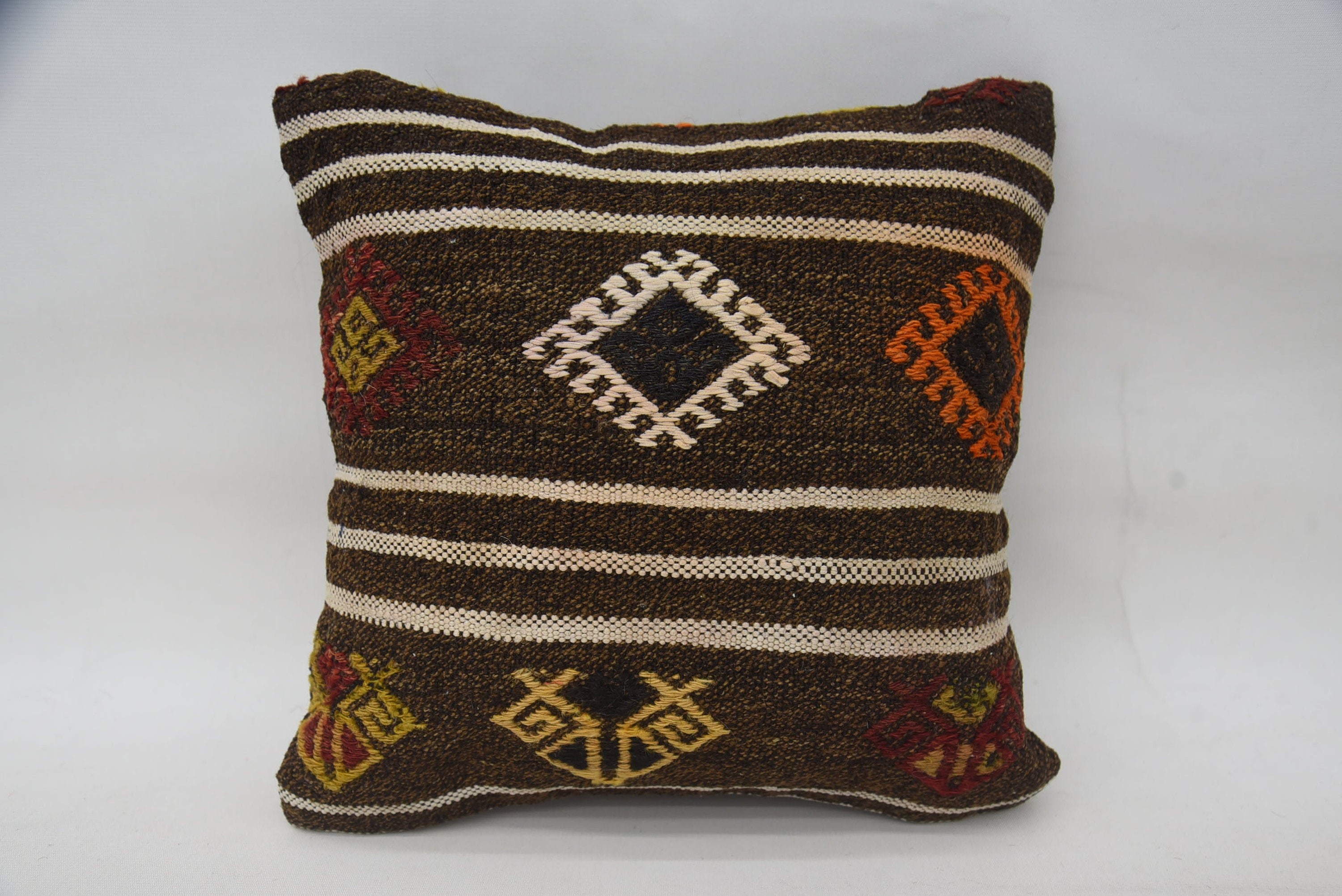 Colorful Cushion Cover, Boho Pillow, Aesthetic Cushion Cover, Turkish Pillow, Turkish Kilim Pillow, 14"x14" Brown Pillow Case