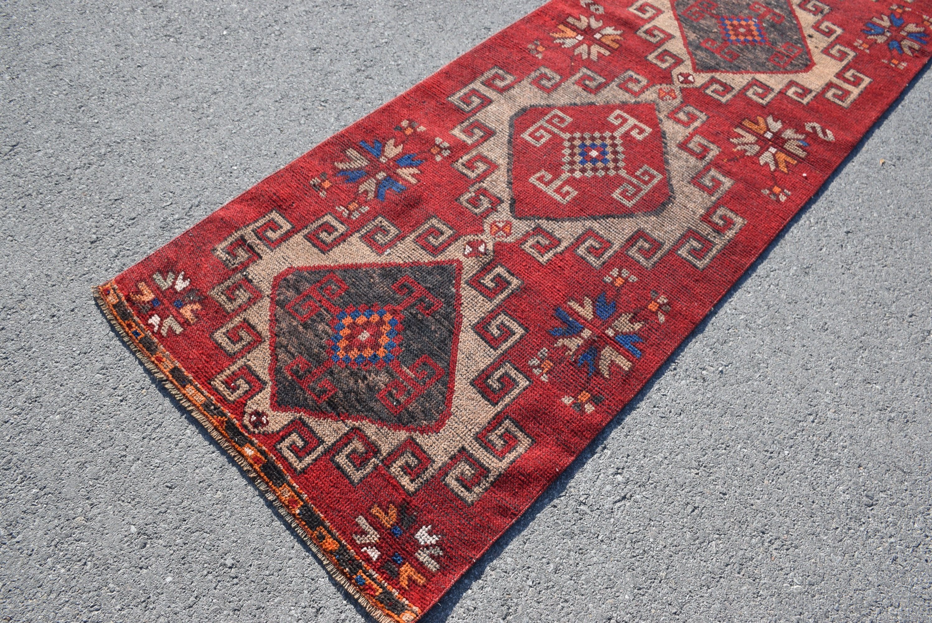 Red Oushak Rug, Kitchen Rug, Boho Rug, Turkish Rug, 3.1x10.4 ft Runner Rugs, Antique Rug, Vintage Rug, Rugs for Runner, Hallway Rugs