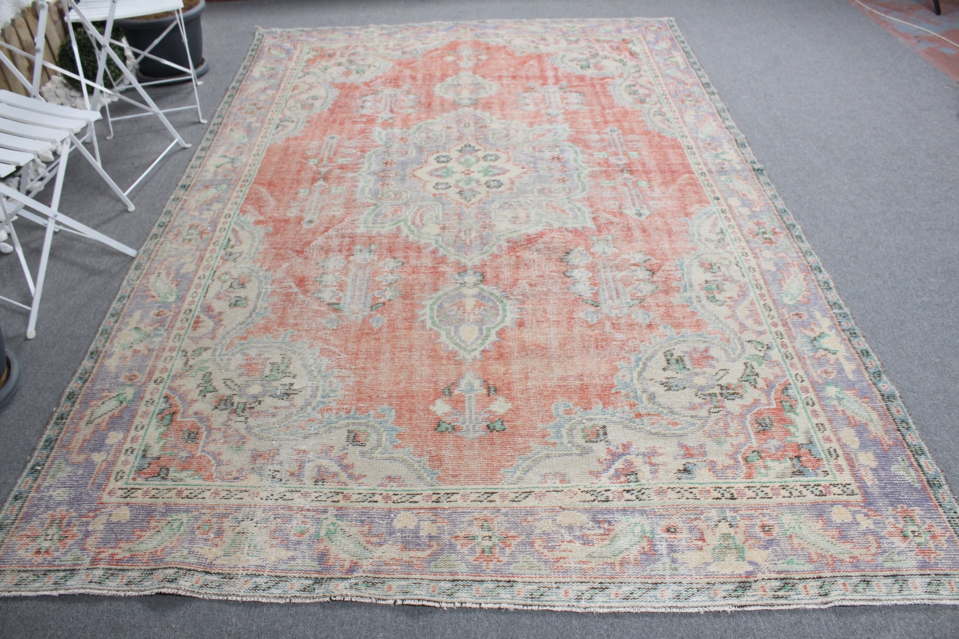 Vintage Dekor Halı, Salon Halısı, Oryantal Halı, Türk Halıları, Salon Halıları, Kırmızı Soğuk Halı, Vintage Halı, 6.7x10.5 ft Büyük Boy Halılar, Oushak Halıları