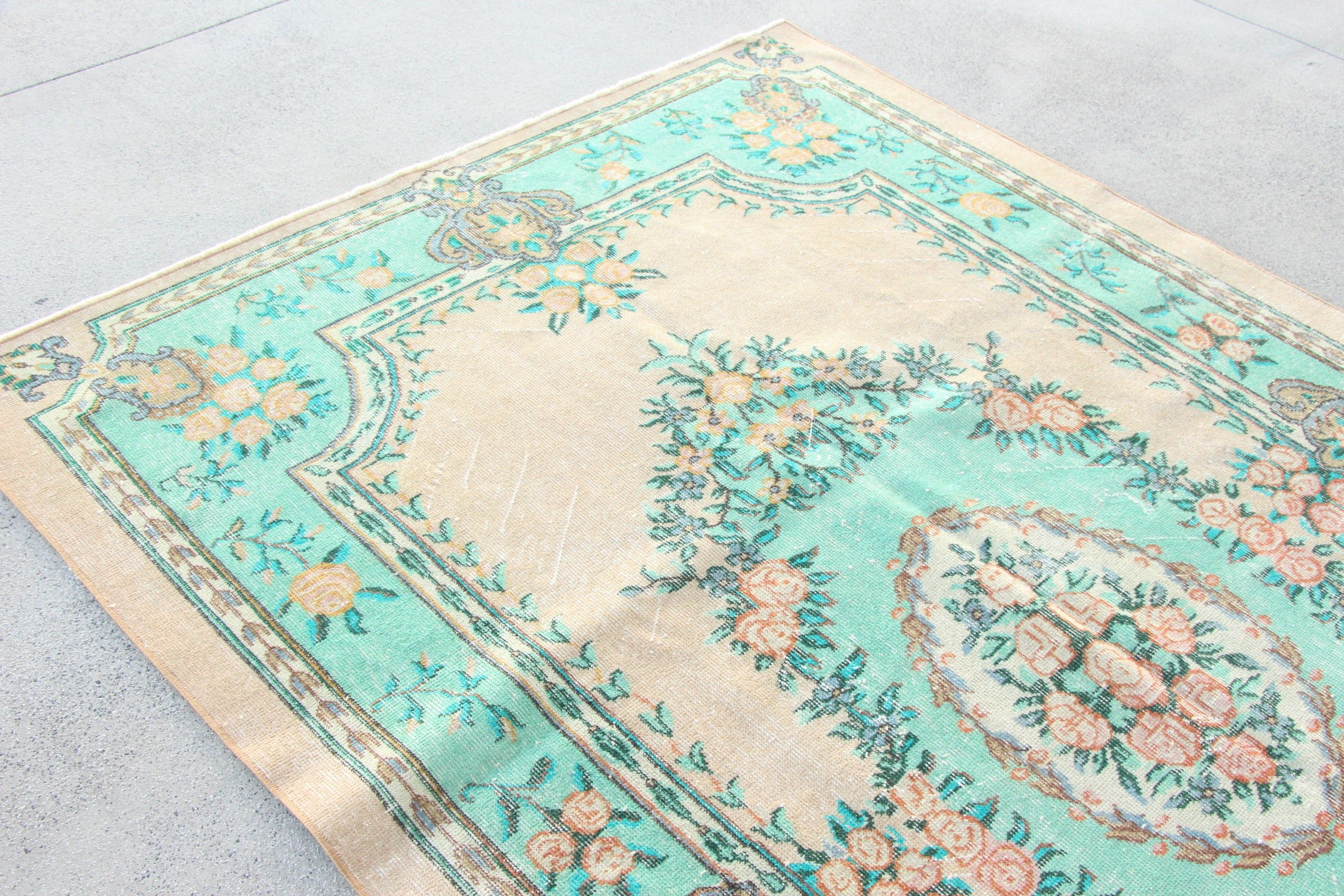 Living Room Rugs, 5.5x8.3 ft Large Rug, Turkish Rug, Neutral Rug, Green Statement Rug, Vintage Rugs, Large Oushak Rugs, Oriental Rugs