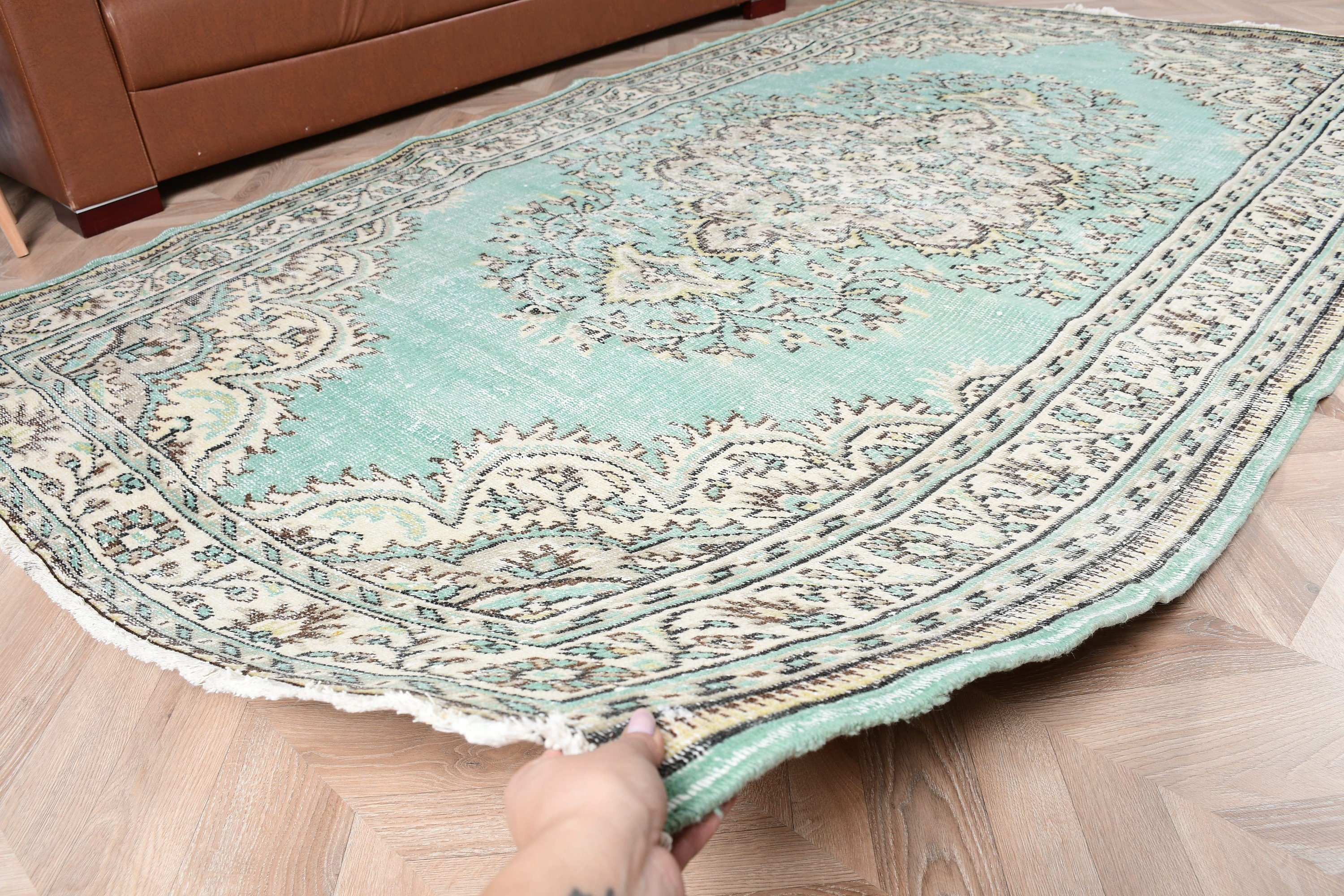 Yatak Odası Halıları, Yeşil Oushak Halıları, Yün Halıları, 5.3x8.8 ft Büyük Halı, Vintage Halı, Türk Halısı, Yatak Odası Halıları, Oturma Odası Halısı, Salon Halısı