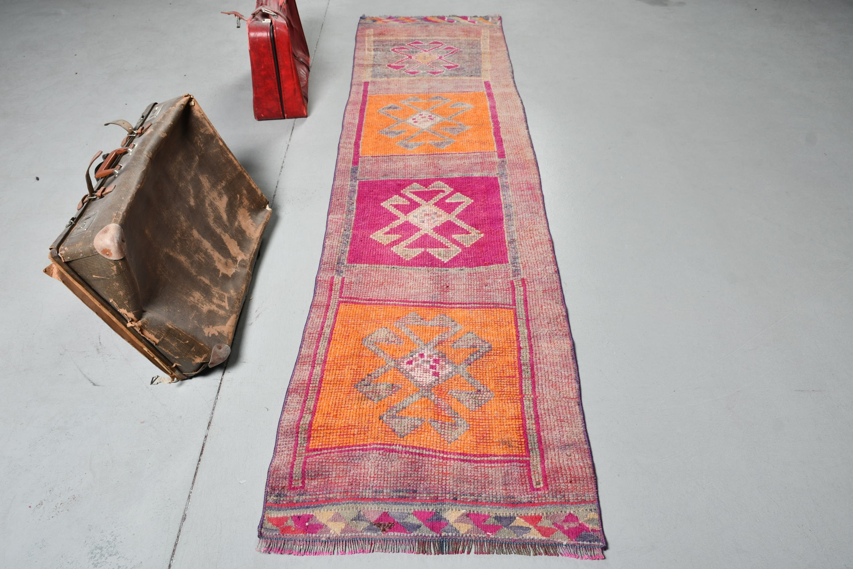 2.4x9.9 ft Runner Rug, Anatolian Rug, Kitchen Rug, Turkish Rug, Vintage Rug, Rugs for Hallway, Boho Rug, Orange Moroccan Rugs, Bedroom Rug