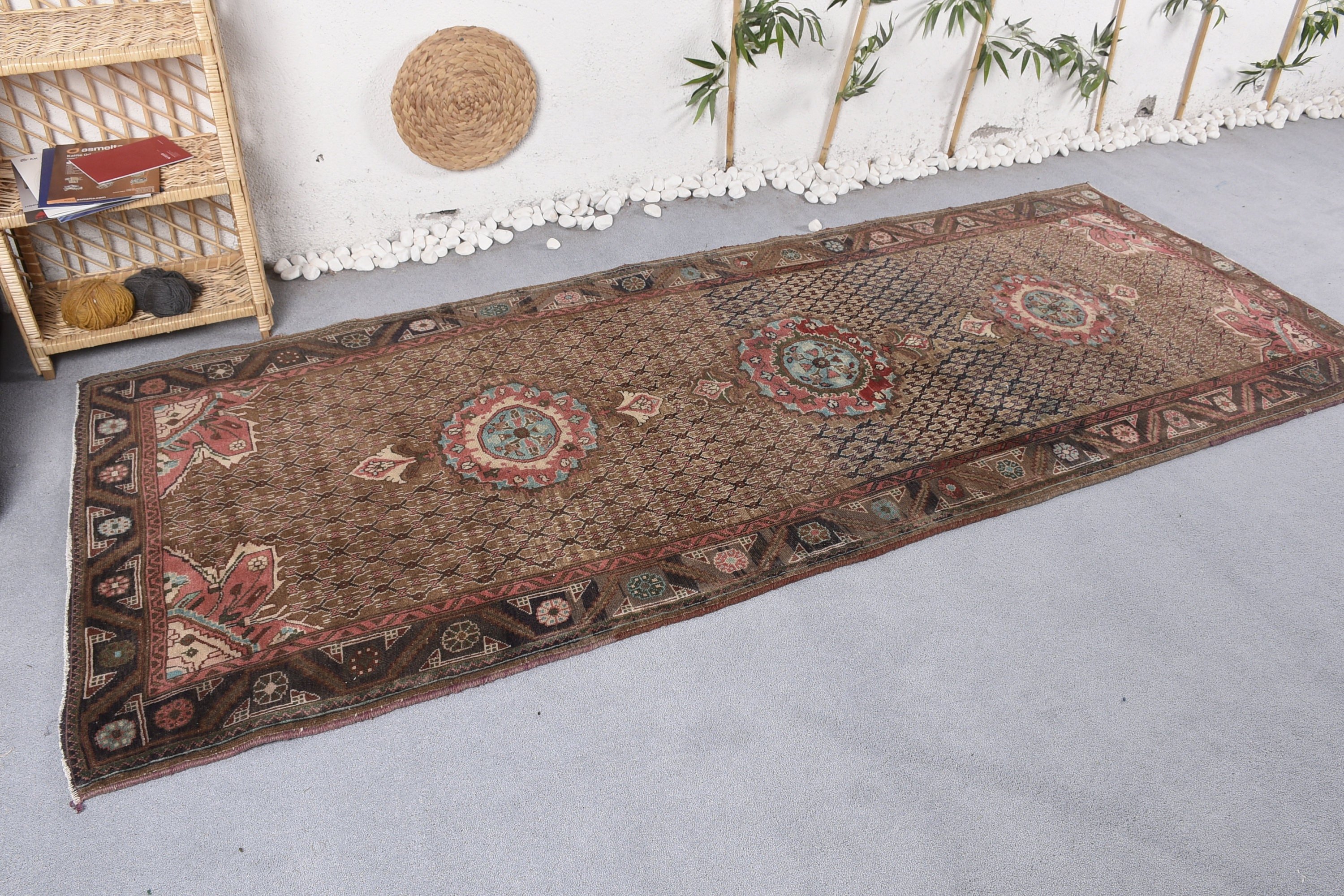 Runner Halıları, Mutfak Halıları, Eski Halı, 3,7x9,4 ft Runner Halısı, Antika Halı, Fas Halısı, Kahverengi Yatak Odası Halıları, Türk Halısı, Vintage Halı