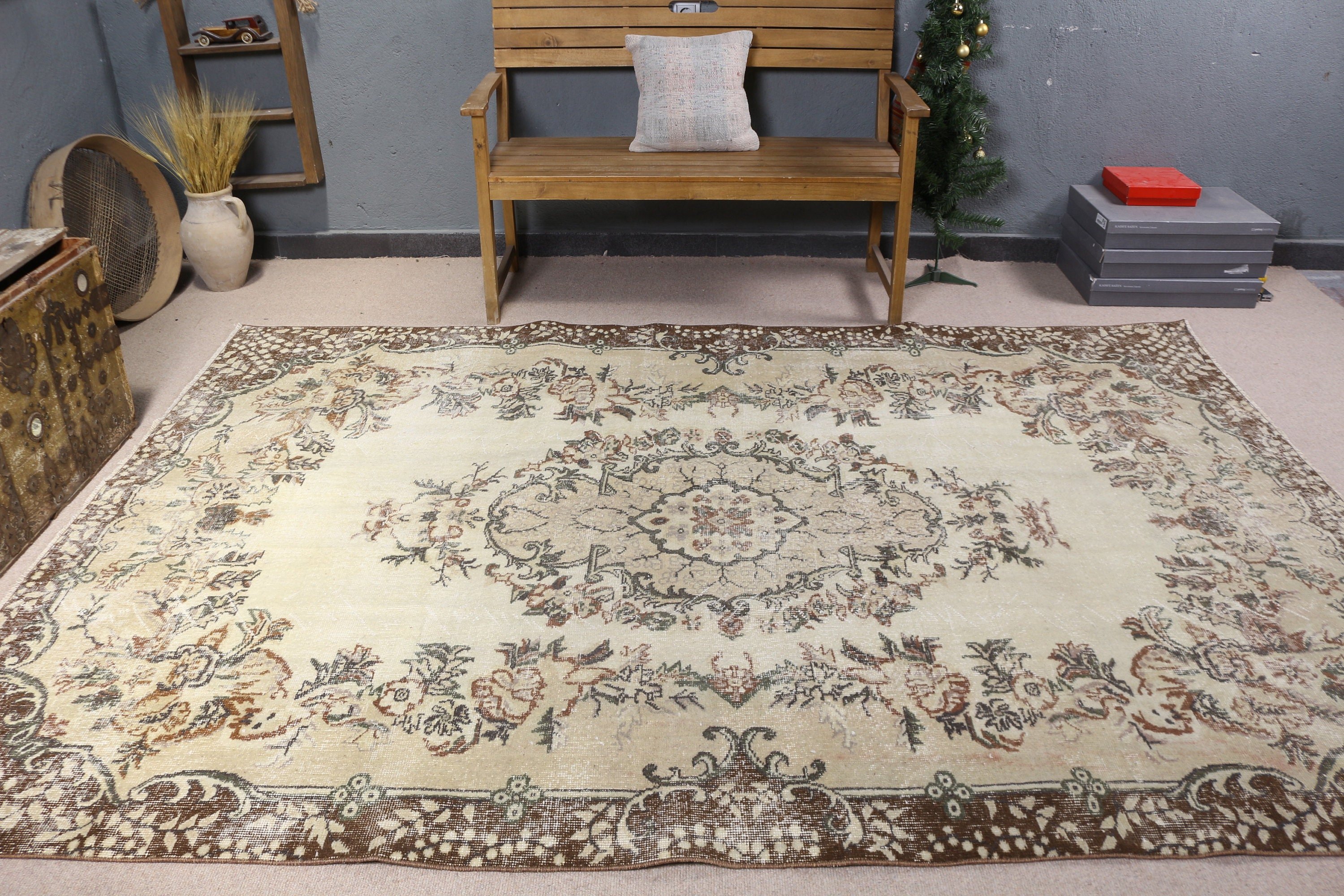 Beige Flatweave Rug, Oriental Rug, Ethnic Rugs, Wool Rugs, 6.4x9.3 ft Large Rug, Turkish Rug, Large Boho Rug, Salon Rugs, Vintage Rug