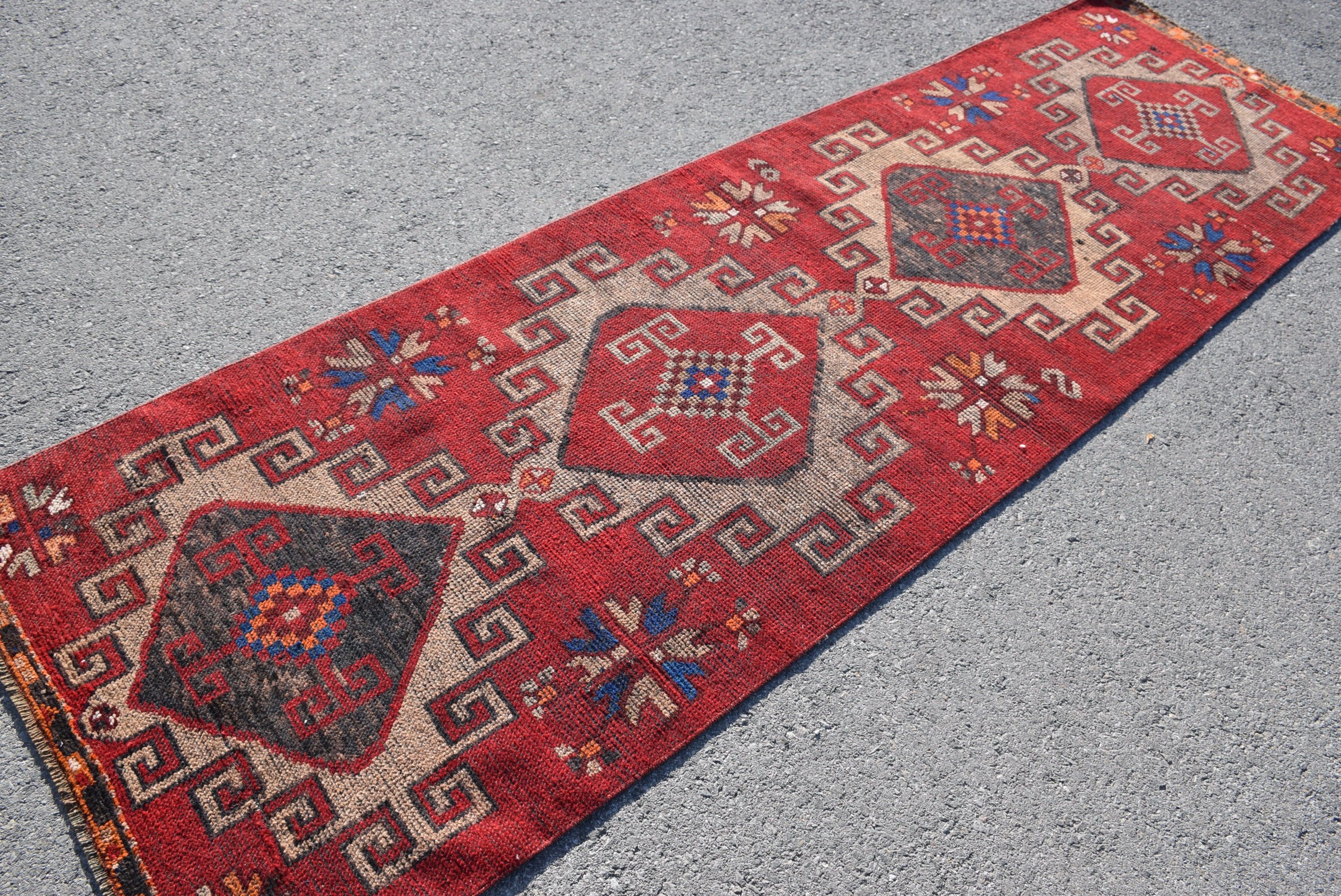 Red Oushak Rug, Kitchen Rug, Boho Rug, Turkish Rug, 3.1x10.4 ft Runner Rugs, Antique Rug, Vintage Rug, Rugs for Runner, Hallway Rugs