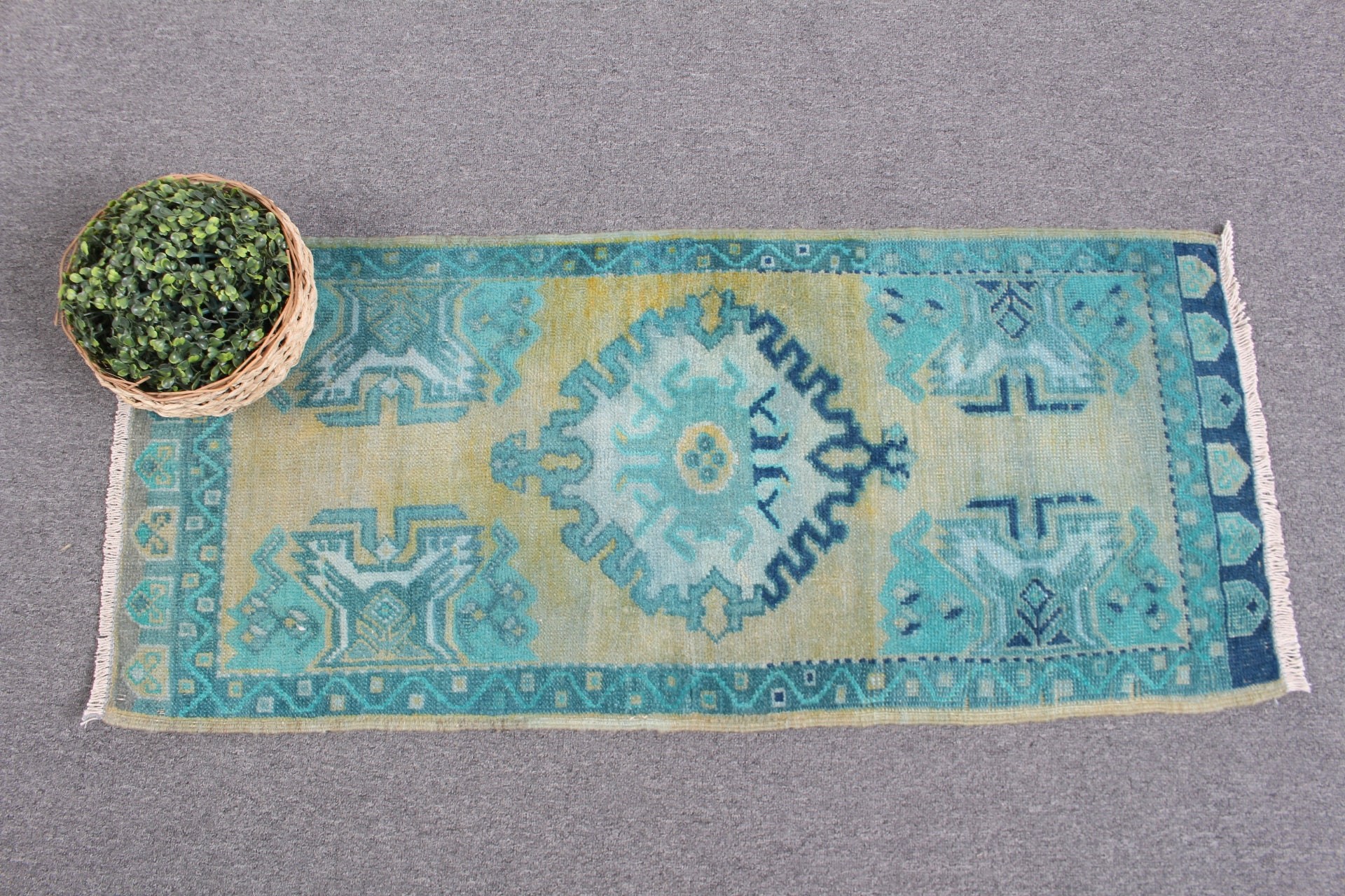 Bedroom Rug, Turkish Rugs, 1.6x3.7 ft Small Rug, Vintage Rug, Green Oushak Rug, Home Decor Rug, Car Mat Rugs, Rugs for Car Mat, Organic Rug