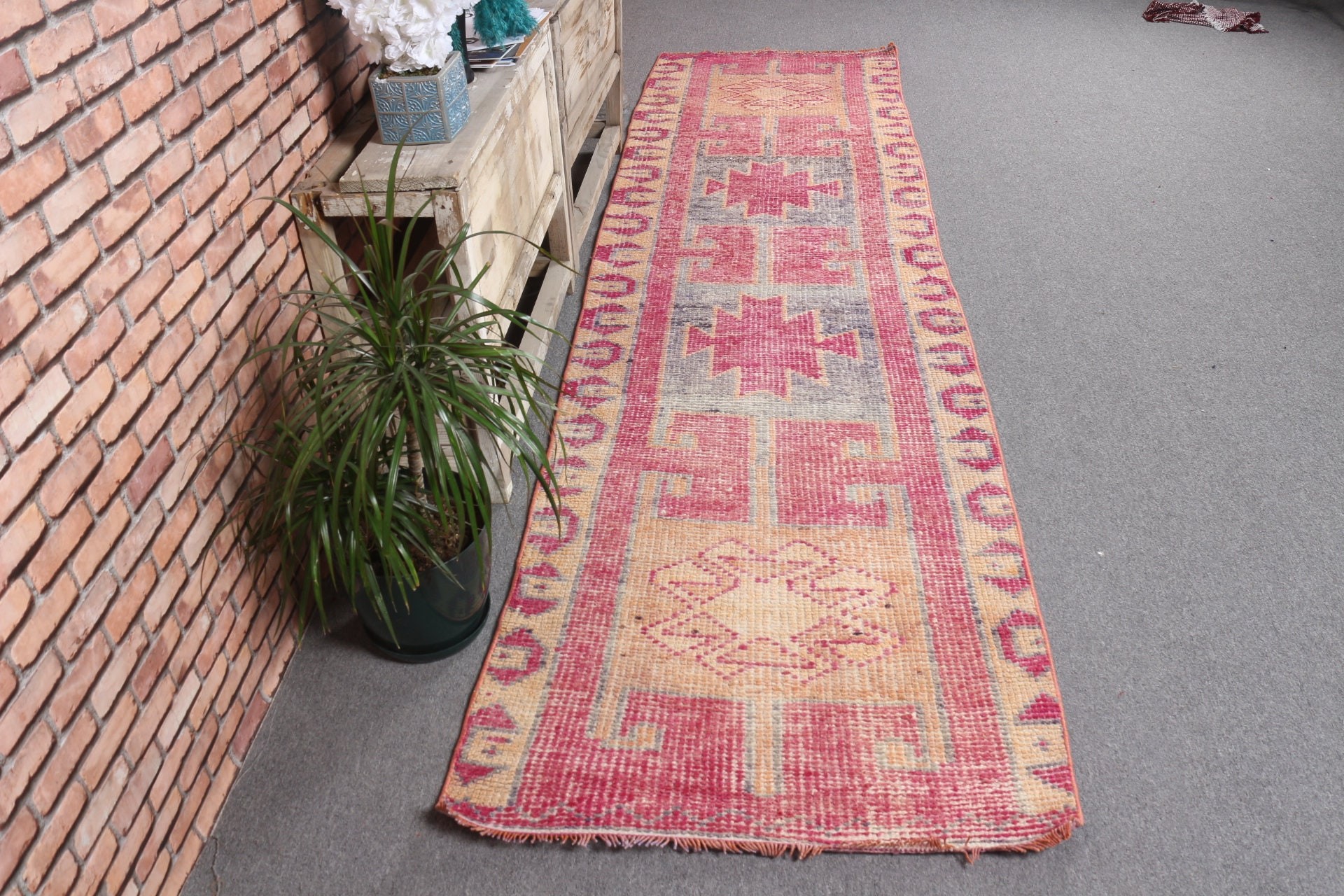 Oushak Rug, Rugs for Runner, Pink  2.8x10.4 ft Runner Rug, Kitchen Rug, Hallway Rug, Turkish Rugs, Pastel Rugs, Vintage Rug