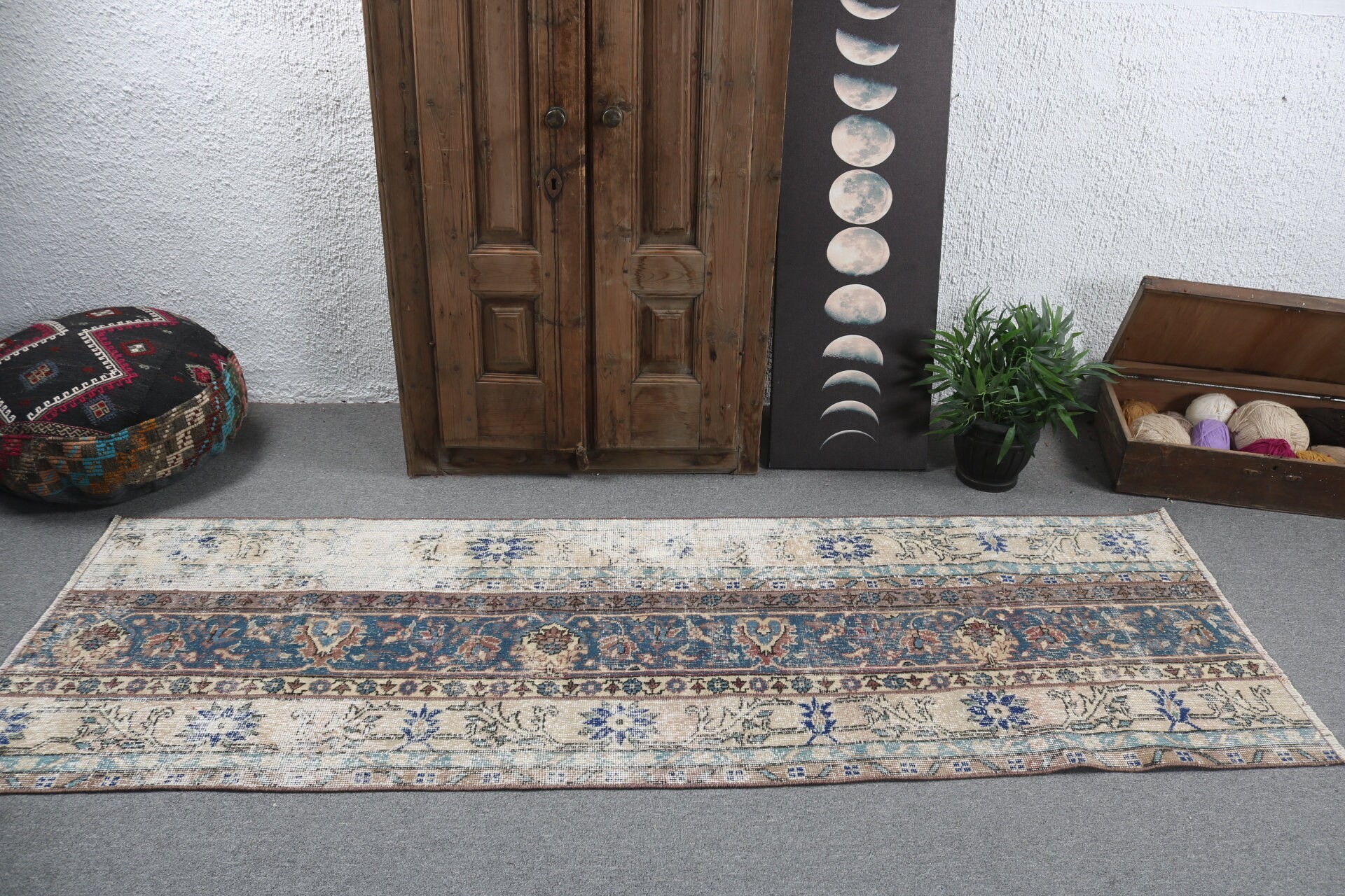 Cool Halı, 2.8x8.1 ft Runner Halı, Türk Halısı, Uzun Yolluk Halıları, Boho Halıları, Vintage Halılar, Merdiven Halıları, Oryantal Halılar, Bej Geometrik Halı