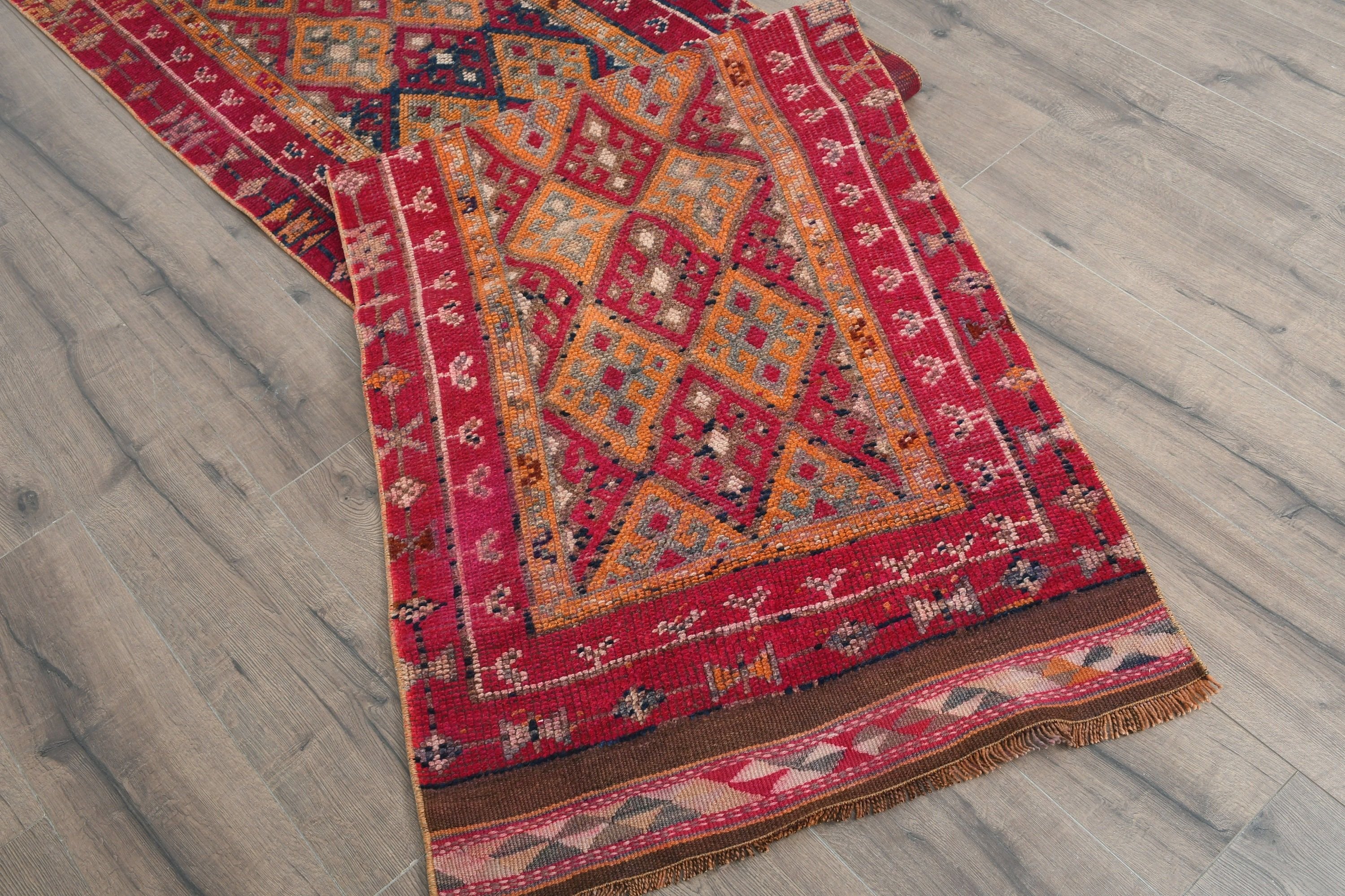 Düz Dokuma Halı, 2,6x14,2 ft Yolluk Halı, Vintage Halı, Havalı Halı, Oryantal Halı, Türk Halıları, Mutfak Halıları, Pembe Yün Halı, Koridor Halıları