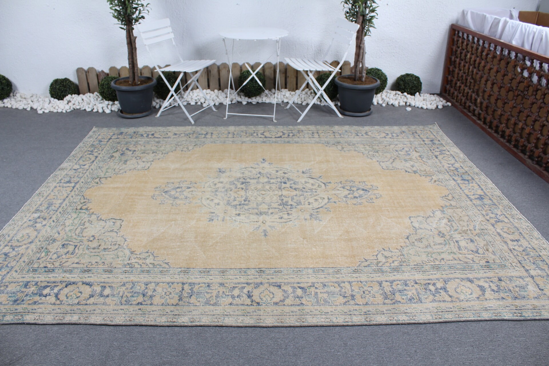 Salon Halısı, Anadolu Halısı, Yemek Odası Halıları, Soluk Halı, Türk Halısı, Vintage Halılar, 7.4x9.8 ft Büyük Boy Halılar, Sarı Yün Halı, Ev Dekorasyonu Halısı