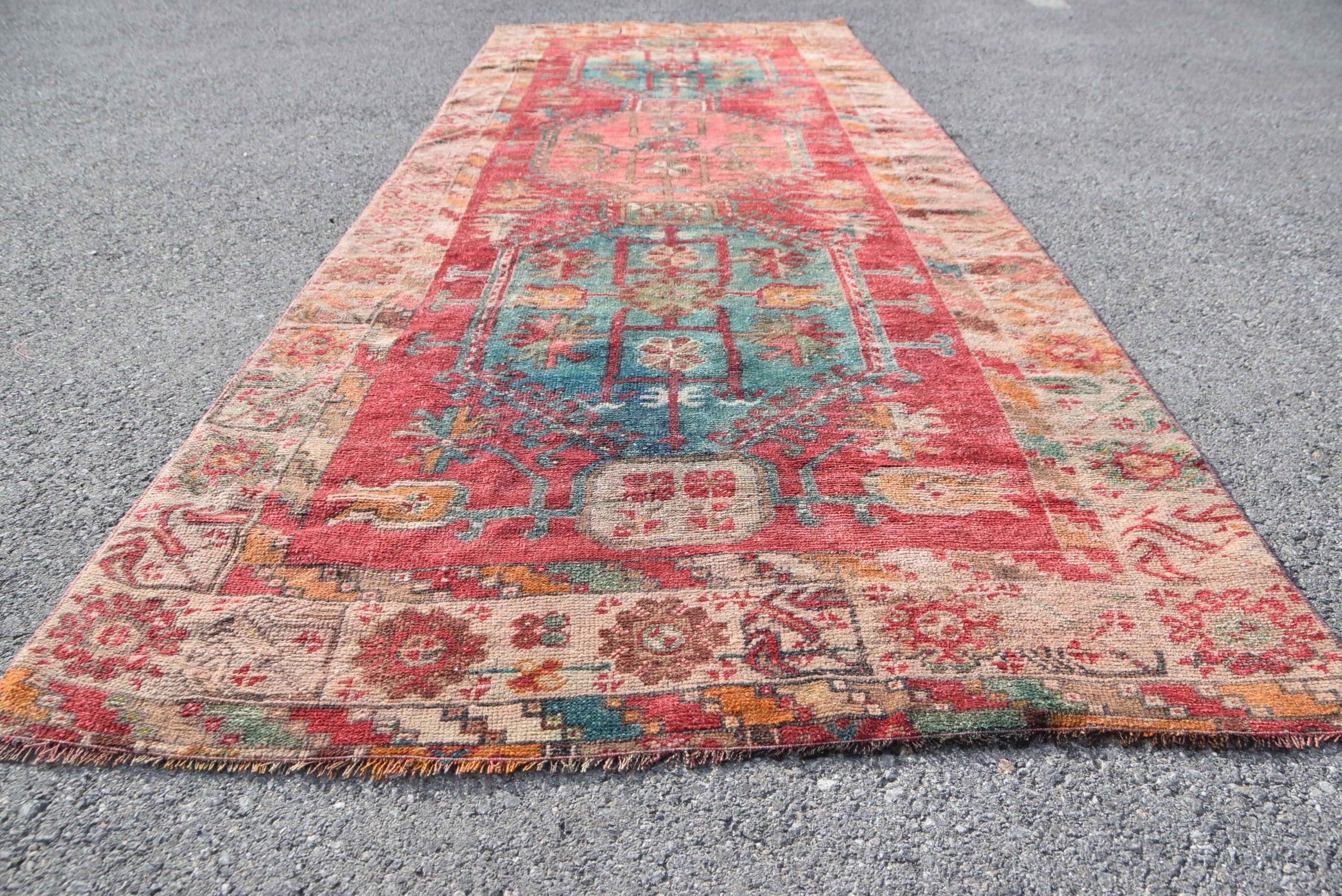 Moroccan Rugs, Red  4x10.9 ft Runner Rug, Vintage Rugs, Kitchen Rugs, Turkish Rugs, Anatolian Rug, Pale Rugs, Hallway Rug
