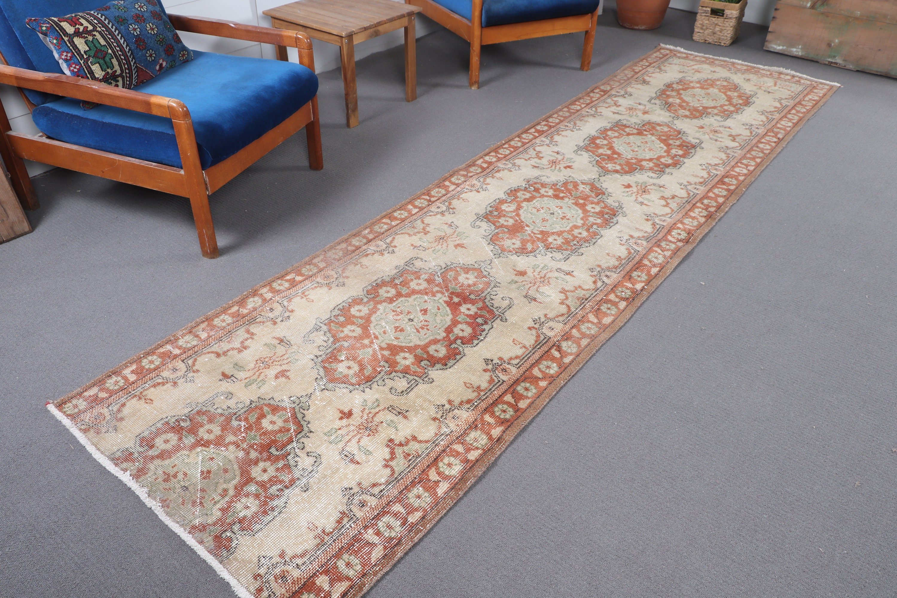 Vintage Halı, Koridor Halısı, El Yapımı Halı, 3x11.5 ft Yolluk Halısı, Türk Halısı, Uzun Yolluk Halıları, Bej Fas Halıları, Lüks Halılar, Yer Halıları