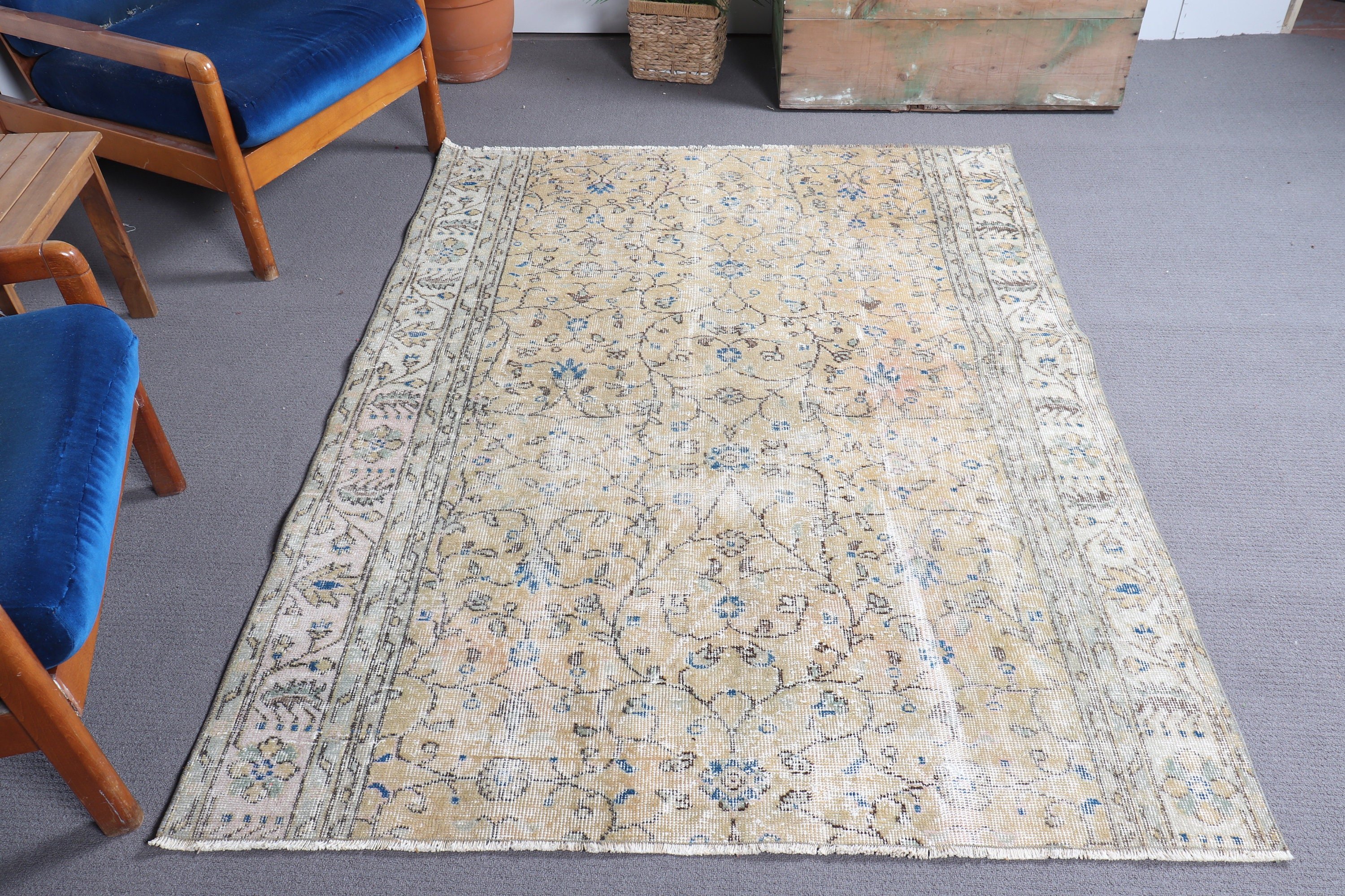 Türk Halısı, Vintage Halı, Çocuk Odası Halıları, Yemek Odası Halısı, Yatak Odası Halıları, Sarı Zemin Halısı, Boho Halıları, Yer Halıları, 4,7x6,1 ft Alan Halıları