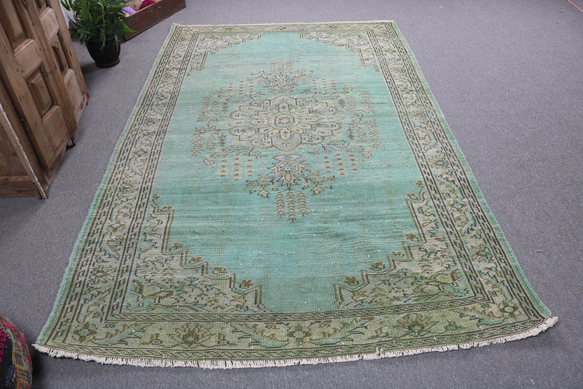 Dış Mekan Halıları, Boho Halıları, Türk Halısı, Yeşil Boho Halısı, Salon Halısı, Büyük Oushak Halıları, Vintage Halılar, 5,5x8,7 ft Büyük Halılar