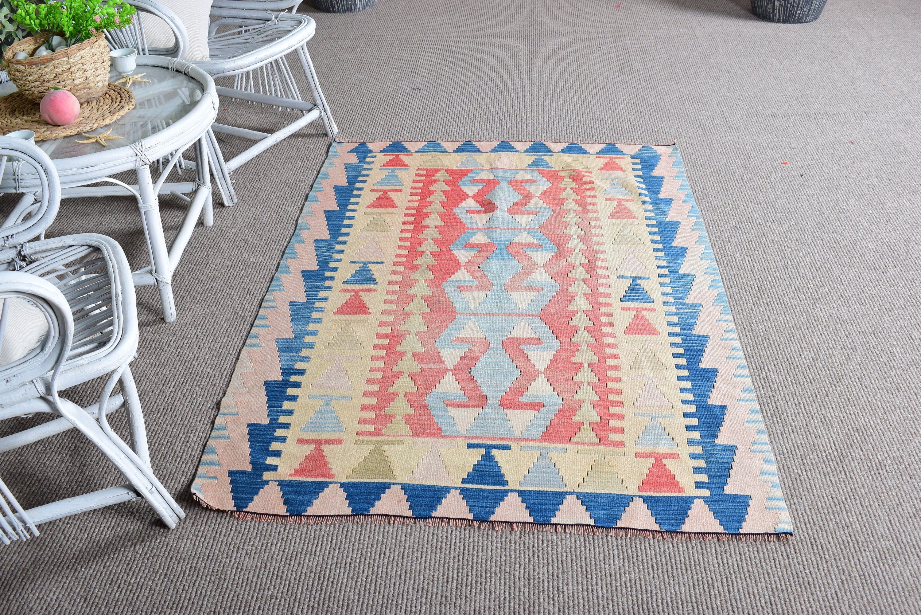 Geometrik Halı, Kilim, Türk Halısı, 3,6x5,3 ft Aksan Halıları, Açıklama Halısı, Turuncu Havalı Halılar, Lüks Halılar, Vintage Halılar, Dekoratif Halılar