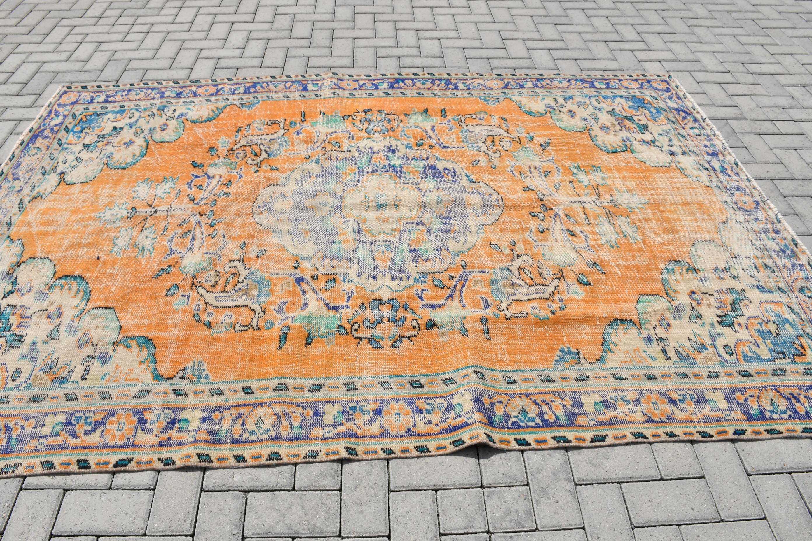 Mutfak Halıları, Yemek Odası Halısı, Vintage Halı, Turuncu Mutfak Halıları, Yatak Odası Halısı, Oushak Halısı, Tasarımcı Halısı, 5.9x8.8 ft Büyük Halı, Türk Halıları