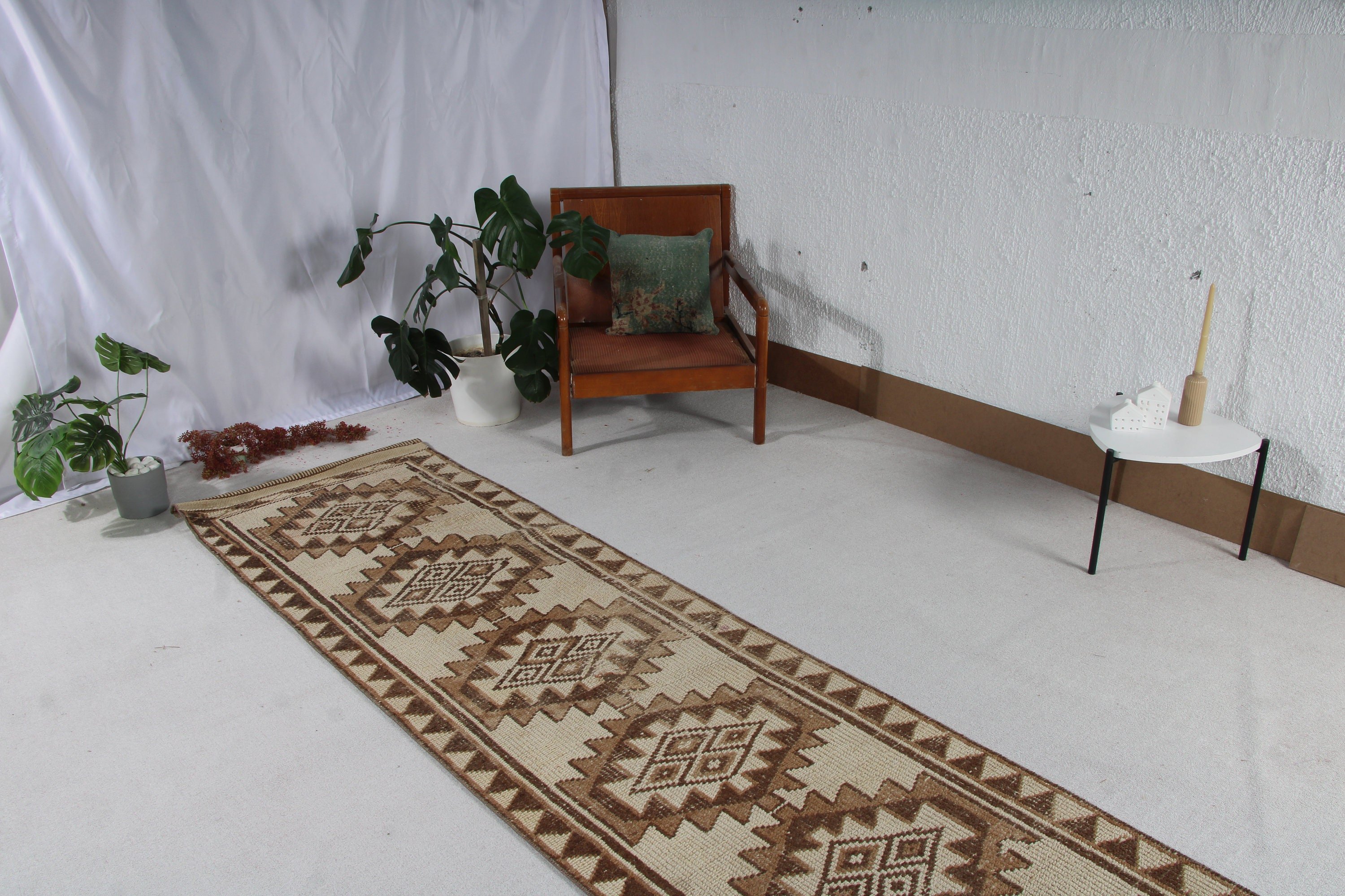 Vintage Halı, Koridor Halıları, Antika Halı, Kahverengi Lüks Halı, Oushak Halıları, Türk Halıları, Mutfak Halısı, Türkiye Halıları, 2,8x12,7 ft Yolluk Halısı