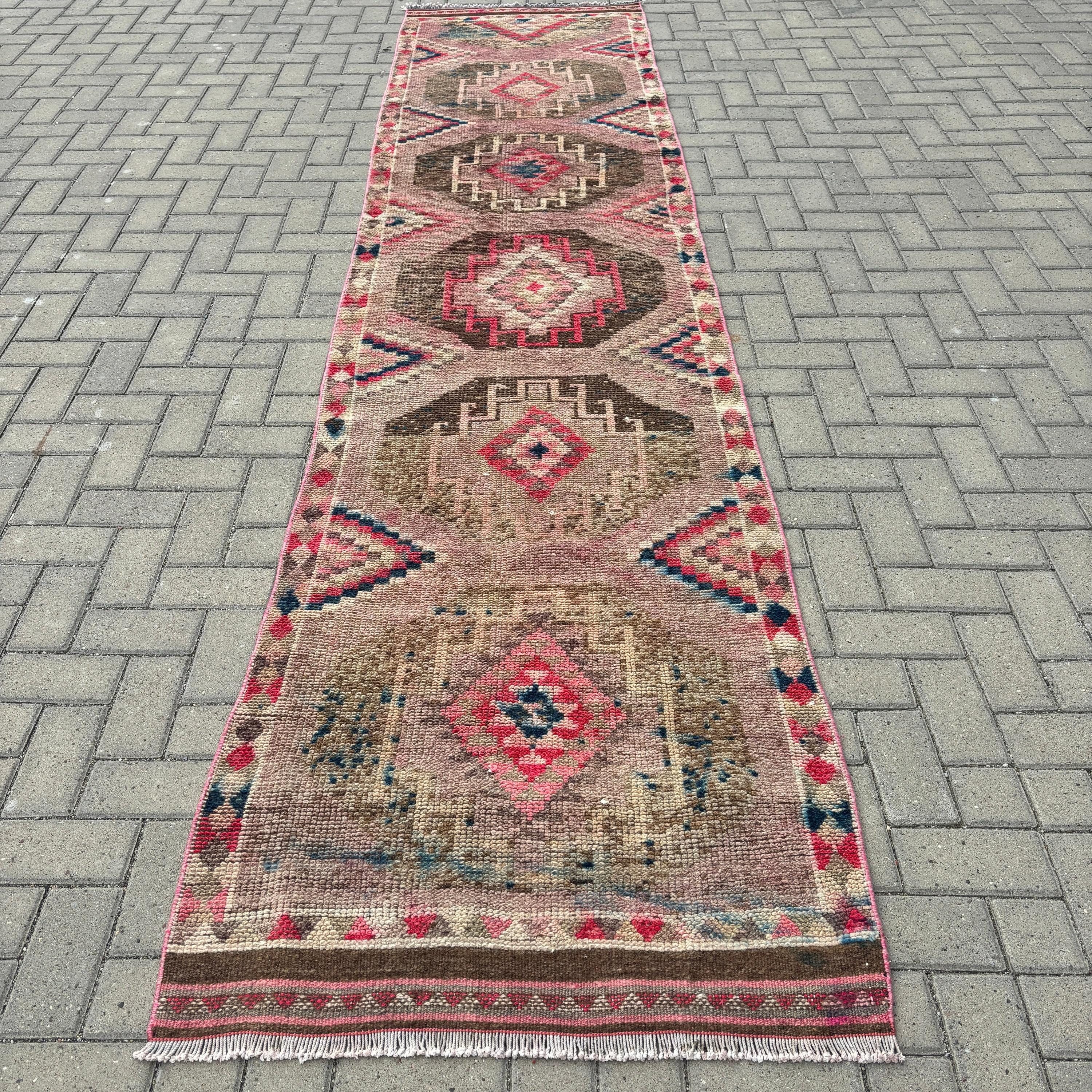 Vintage Halılar, Vintage Yolluk Halısı, Kahverengi Mutfak Halıları, Türk Halısı, 2.9x12.6 ft Yolluk Halısı, Merdiven Yolluk Halısı, El Dokuma Halı, Modern Halı