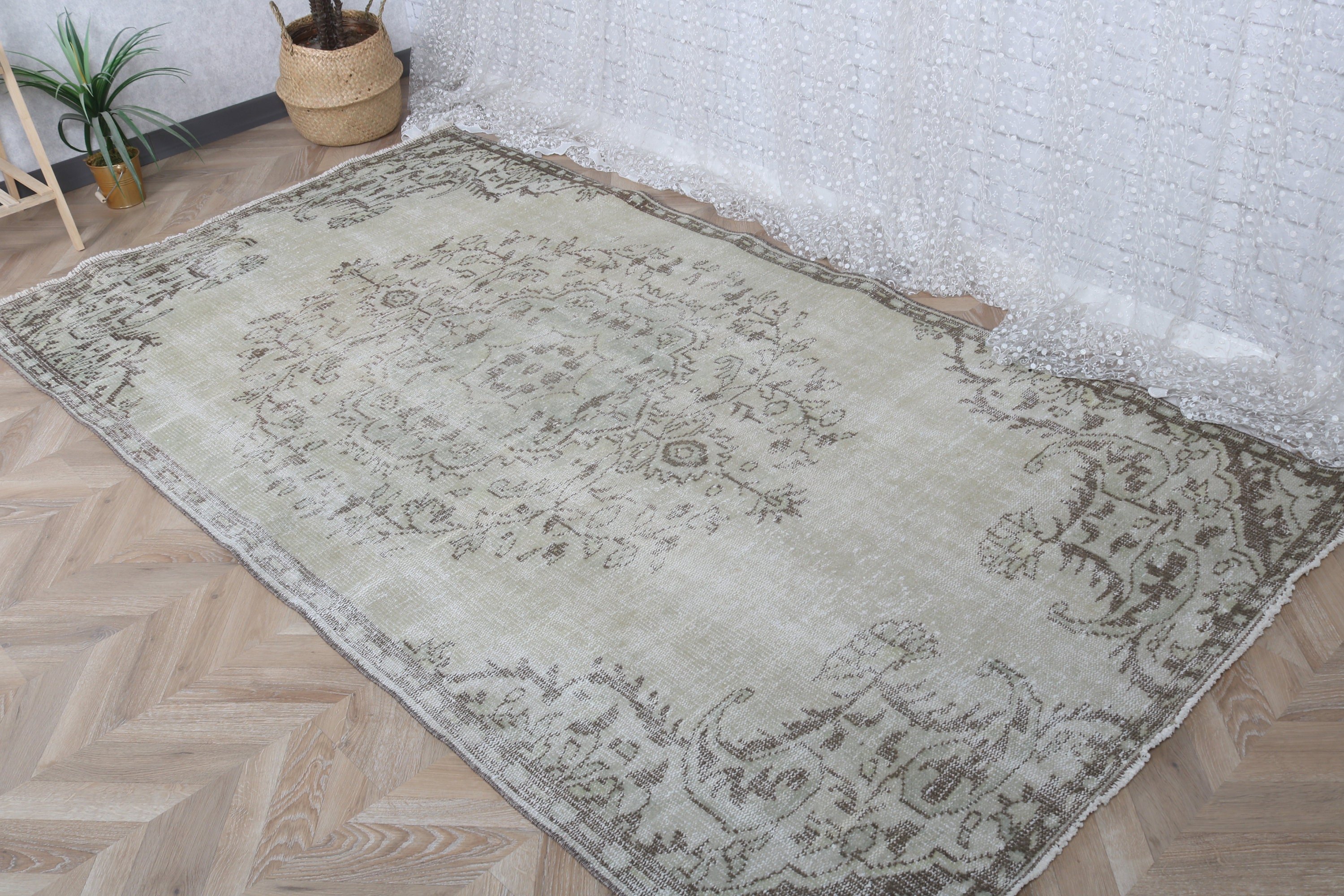 Vintage Halılar, Oushak Bölge Halısı, Modern Halılar, Alan Halıları, 4,6x8,3 ft Alan Halısı, Soğuk Halı, Türk Halısı, Yeşil Antika Halılar, Yatak Odası Halısı