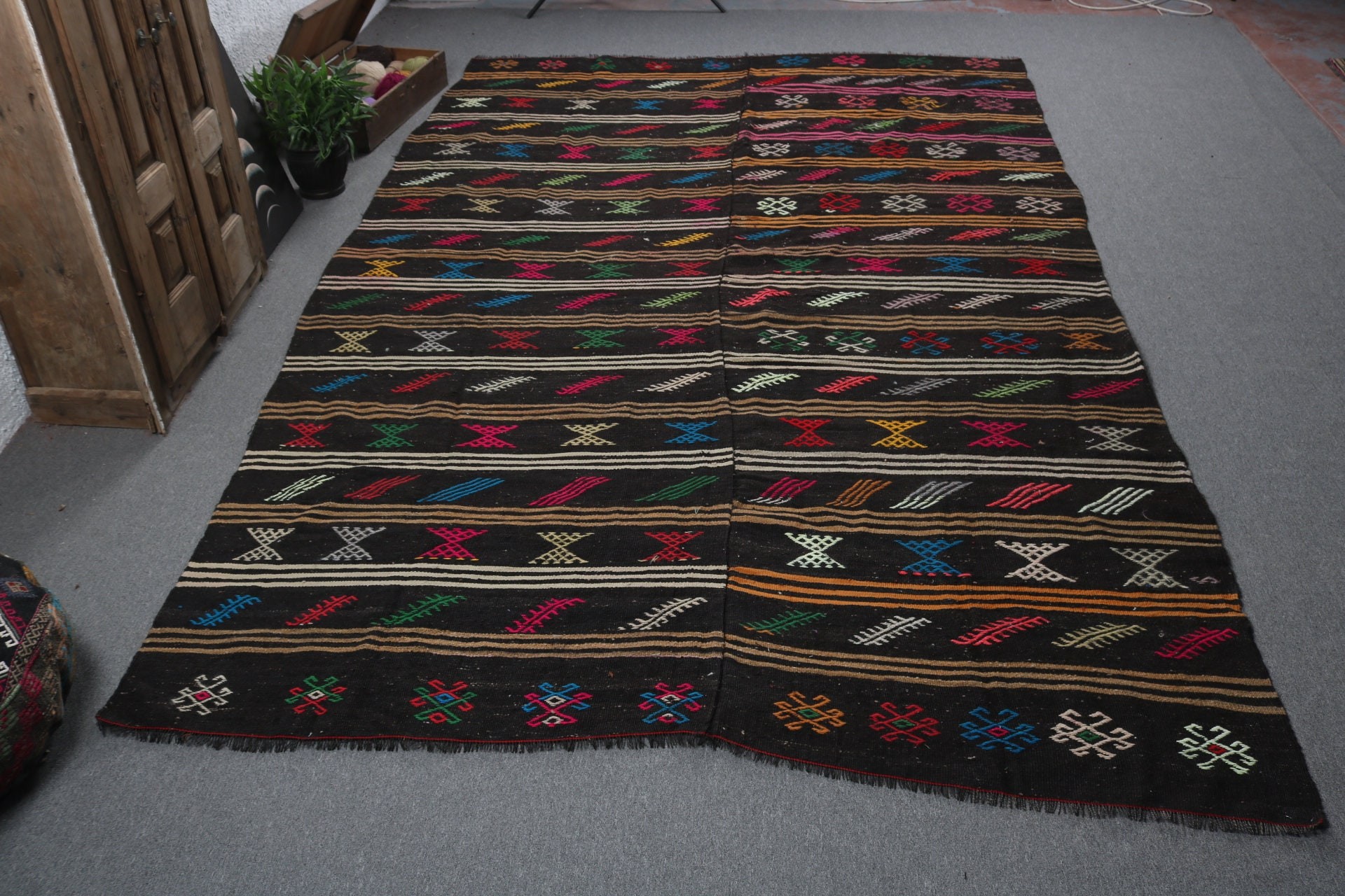 7.3x12.2 ft Büyük Boy Halı, Vintage Halılar, Kilim, Açıklama Halısı, Dış Mekan Halısı, Türk Halıları, Salon Halıları, Siyah Geometrik Halılar, Antika Halılar