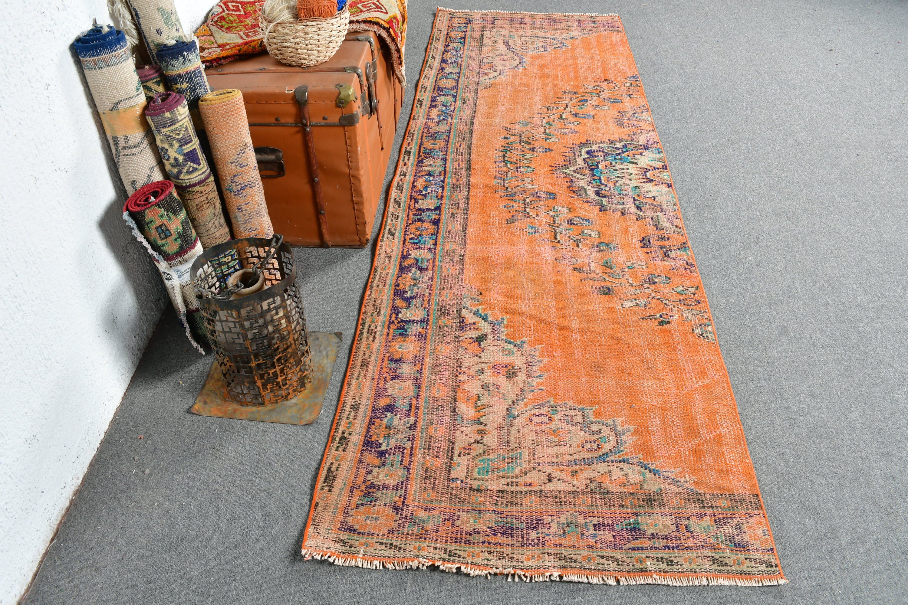 Turkish Rugs, Orange Oriental Rug, 2.9x9.5 ft Runner Rug, Hallway Rugs, Vintage Rug, Stair Rug, Rugs for Stair, Kitchen Rug