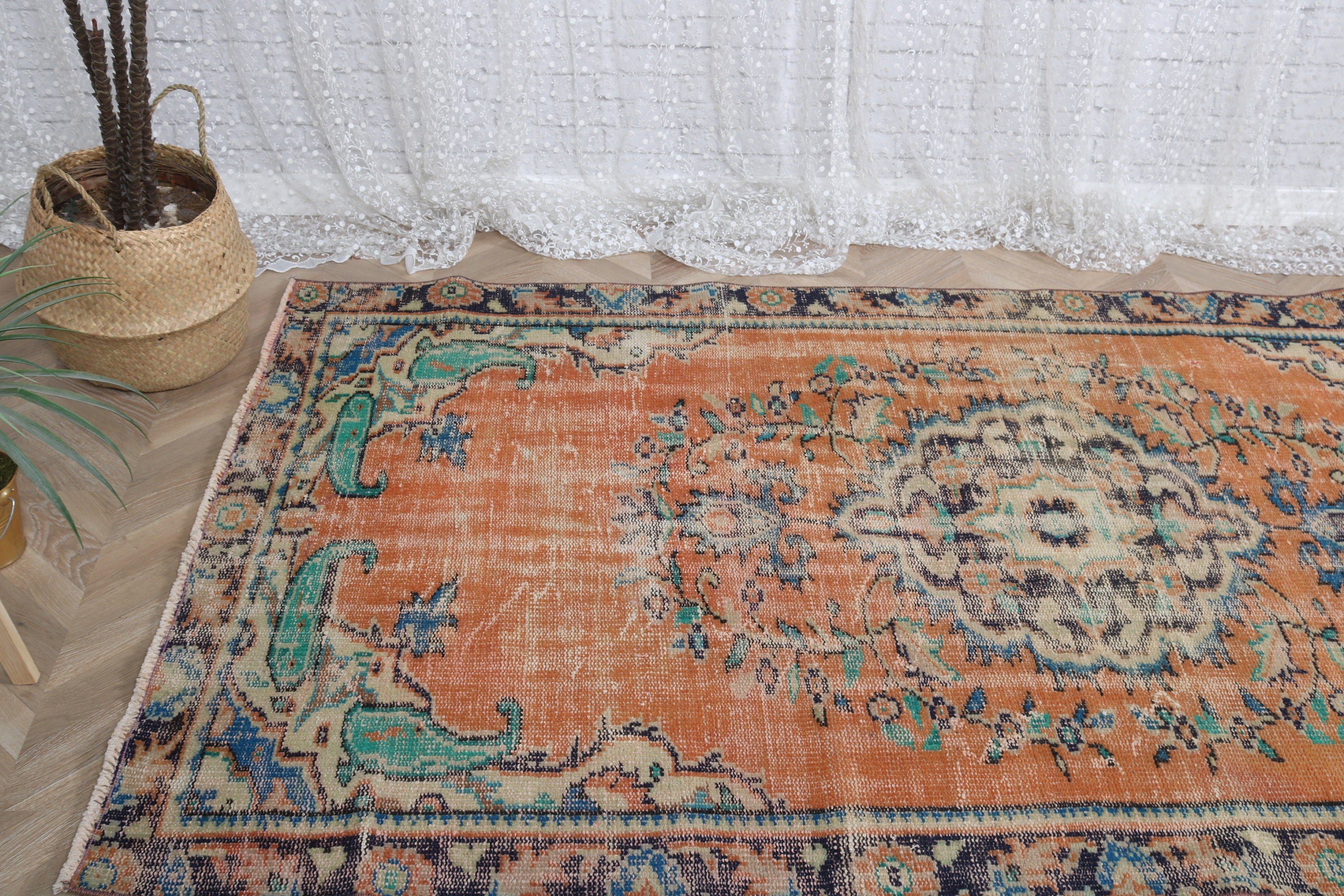 Vintage Halılar, Fas Halıları, Boho Alan Halıları, Turuncu El Dokuma Halı, Geometrik Halı, 4,3x7,6 ft Alan Halıları, Yatak Odası Halısı, Türk Halıları