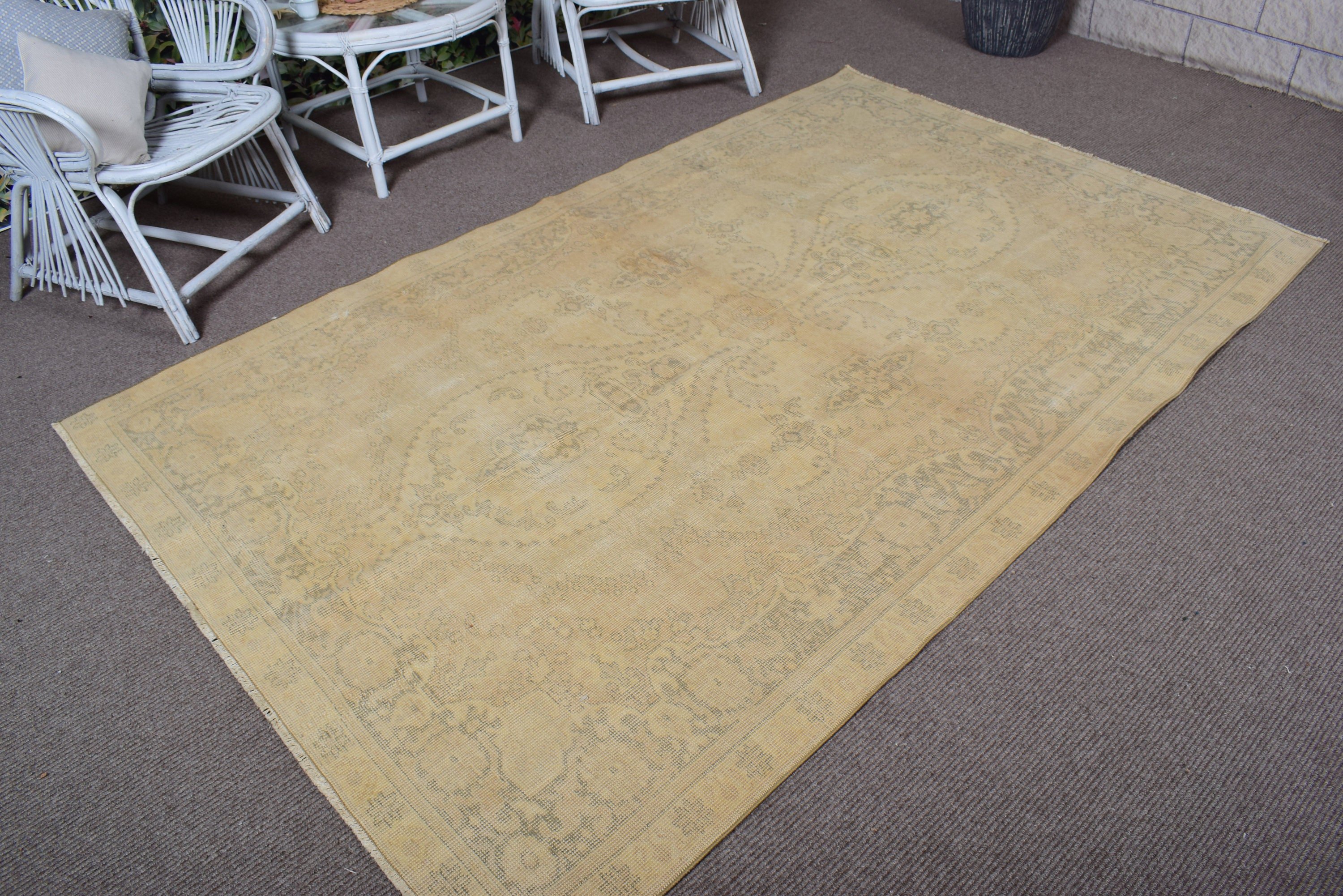 5.2x8.4 ft Büyük Halı, Vintage Halı, Türk Halıları, Büyük Oushak Halısı, Antika Halı, Oturma Odası Halısı, Geometrik Halılar, Bej Mutfak Halıları