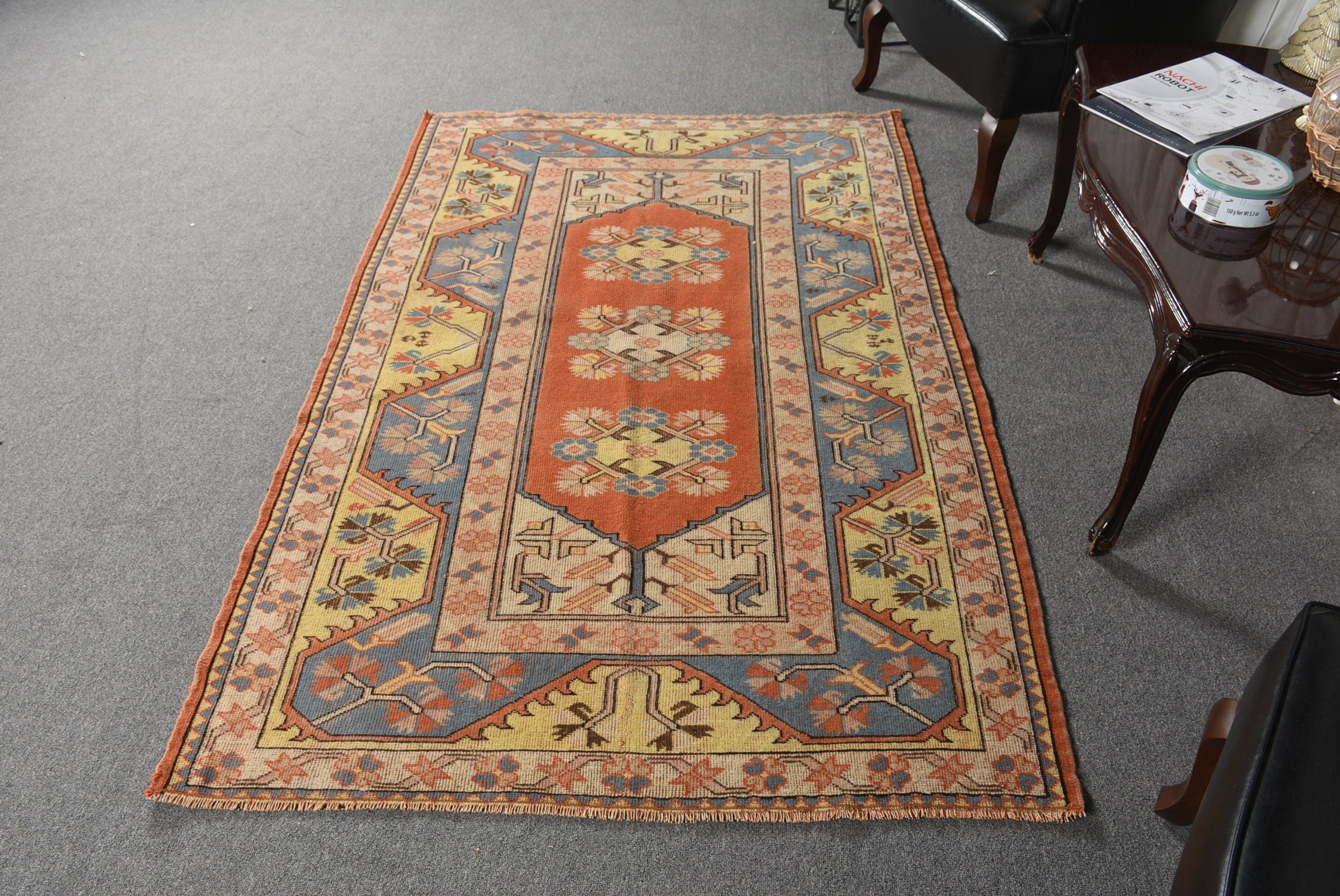 Ev Dekor Halısı, Fas Halısı, Turuncu Oushak Halısı, Yemek Odası Halısı, 4.2x6.4 ft Alan Halısı, Vintage Halı, Oturma Odası Halıları, Türk Halısı