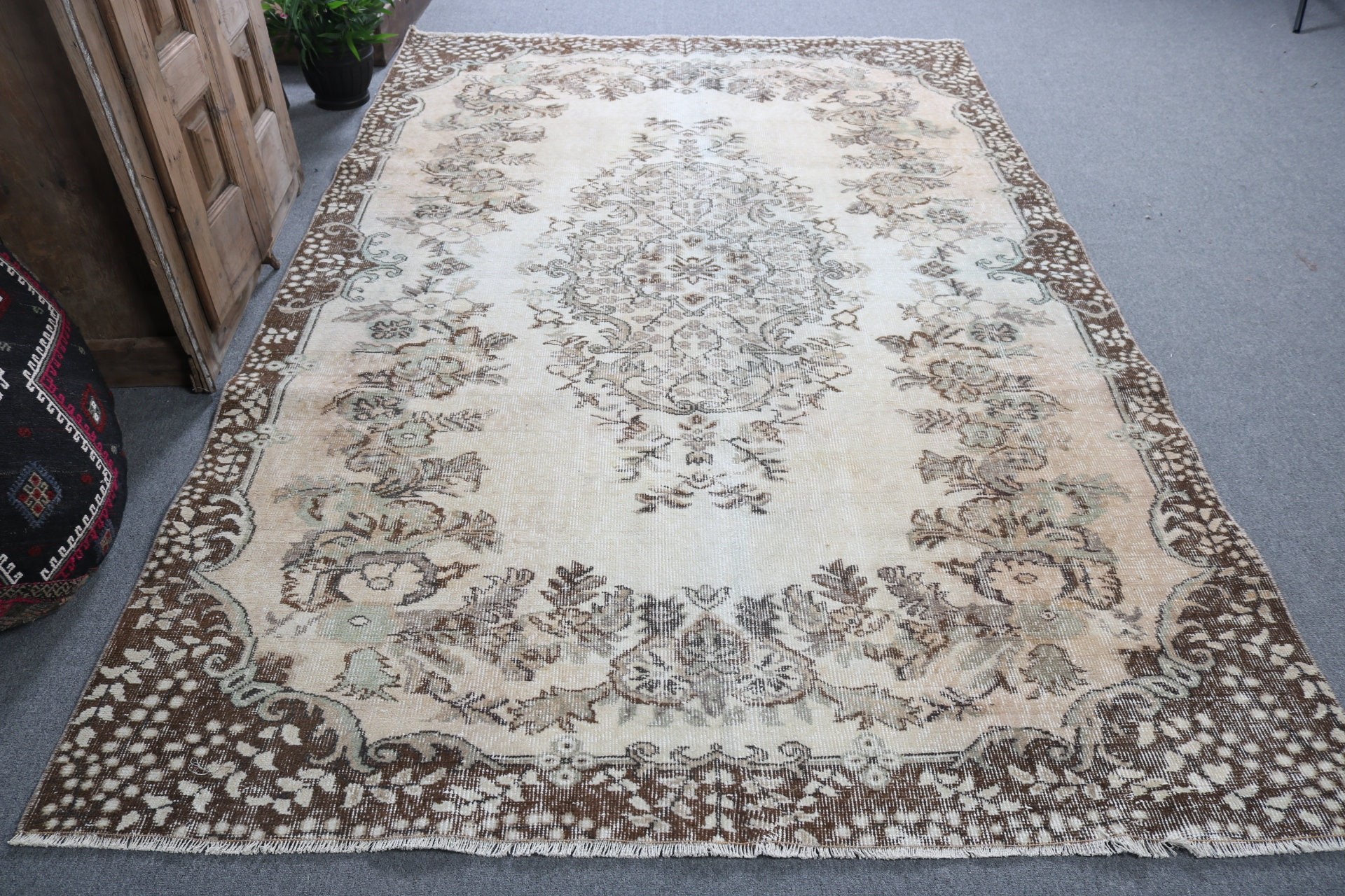 Yün Halılar, Salon Halıları, Nötr Halı, Vintage Halı, Büyük Boho Halı, 6x9,2 ft Büyük Halı, Bej Açıklama Halısı, Türk Halısı, Yemek Odası Halısı