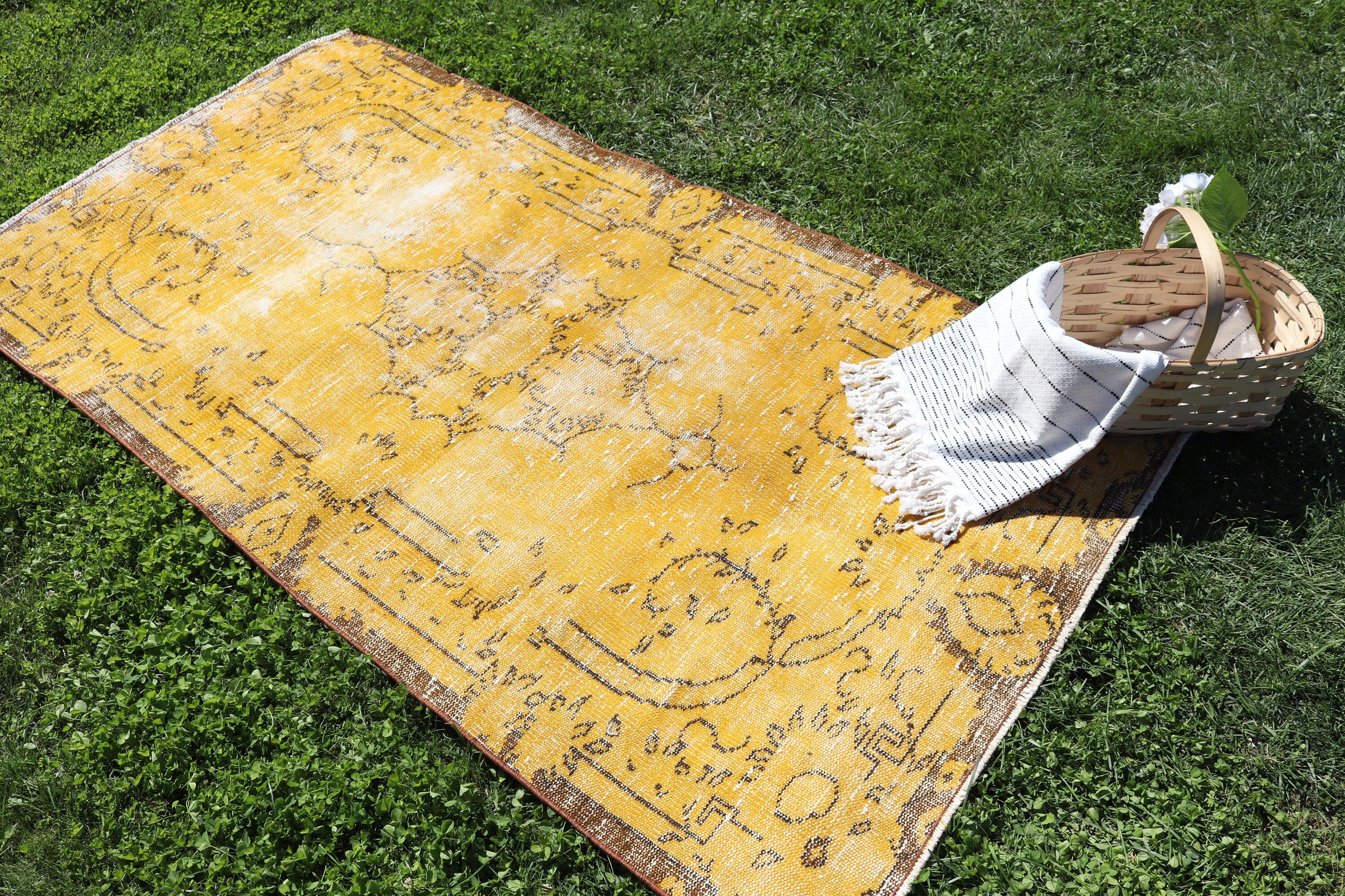 Yellow Floor Rug, Aztec Rugs, Turkish Rug, 3.5x6.6 ft Accent Rug, Luxury Rugs, Vintage Rug, Vintage Accent Rug, Geometric Rugs, Kitchen Rug