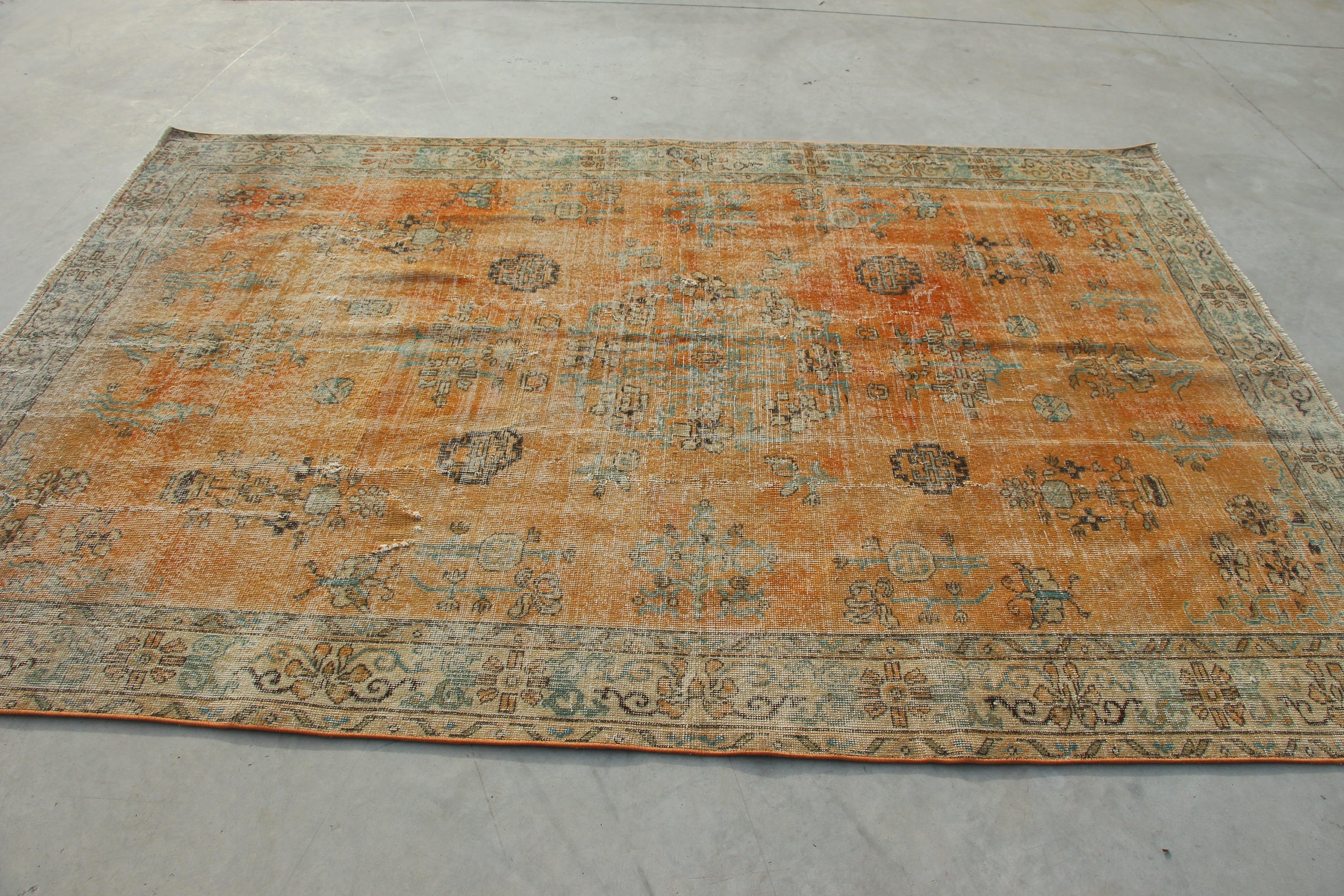 Türk Halısı, Yemek Odası Halısı, 6.1x8.9 ft Büyük Halılar, Turuncu Antika Halı, Salon Halısı, Oushak Halısı, Vintage Halı, Soyut Halılar