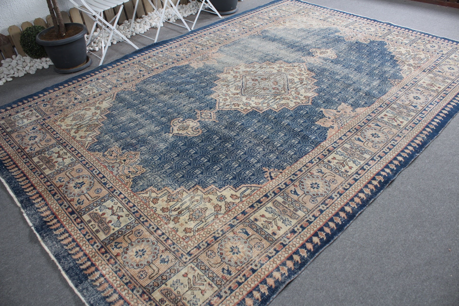 Salon Halısı, Yatak Odası Halısı, Yer Halısı, Vintage Halı, Boho Halısı, 7.9x11.5 ft Büyük Boy Halı, Mavi Ev Dekor Halıları, Türk Halısı, Yemek Odası Halısı