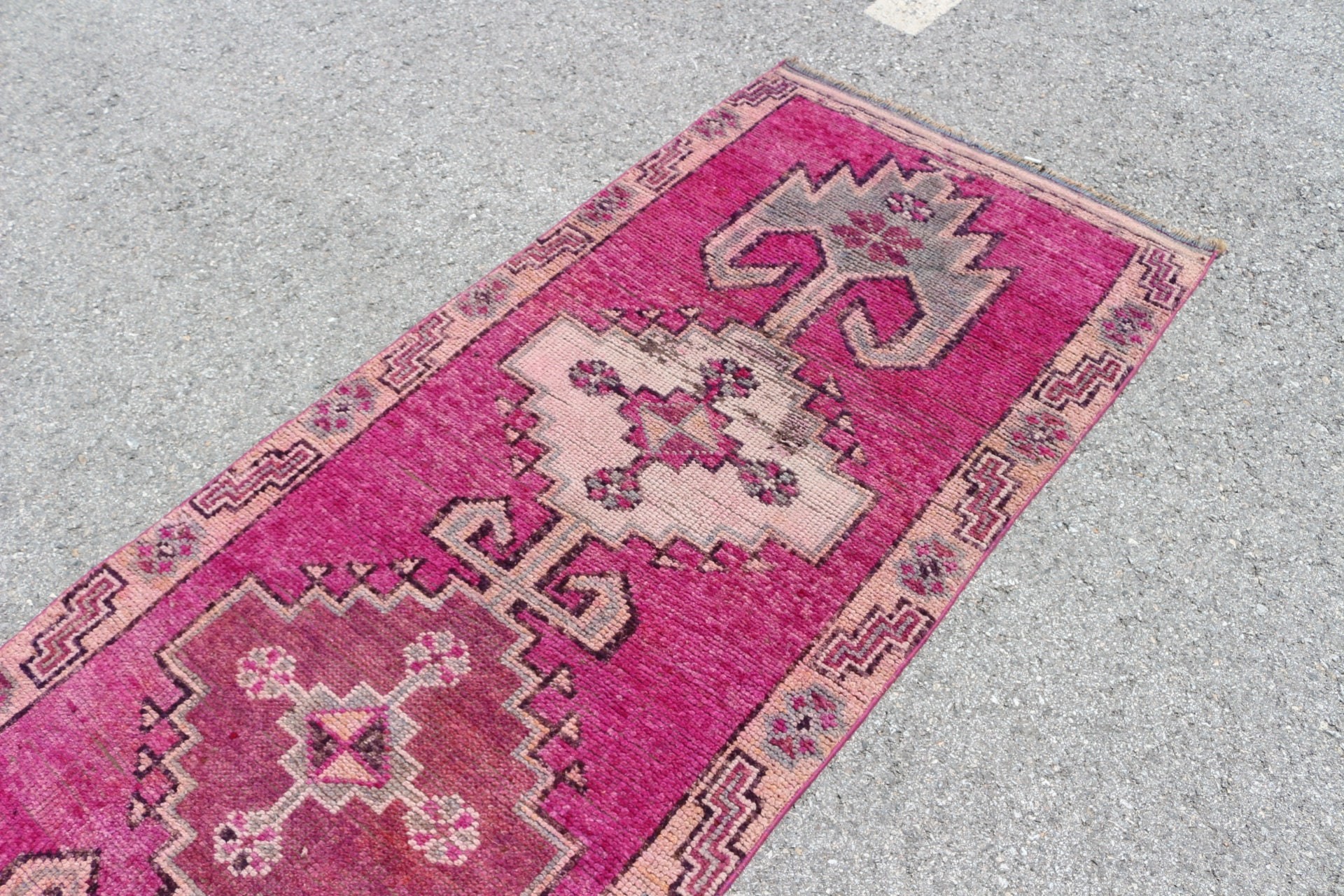 Merdiven Halısı, Koridor Halıları, Yer Halısı, Koridor Halısı, Yün Halı, Vintage Halı, Pembe 2.8x12.2 ft Runner Halıları, Türk Halısı