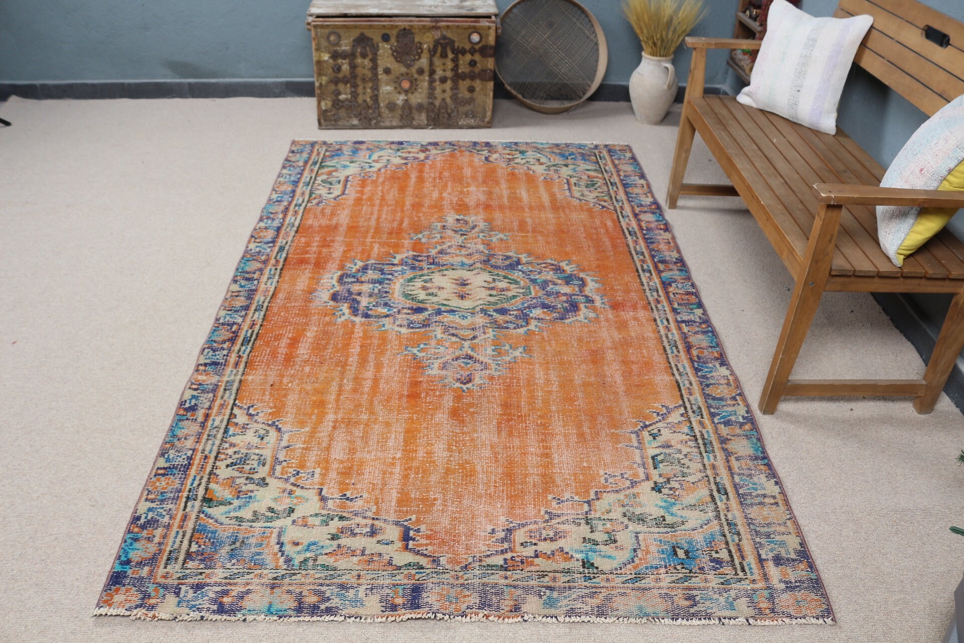 Yemek Odası Halısı, Yer Halıları, Mutfak Halısı, Vintage Halılar, Türk Halıları, Turuncu 4.9x8 ft Alan Halısı, Alan Halıları, Özel Halı