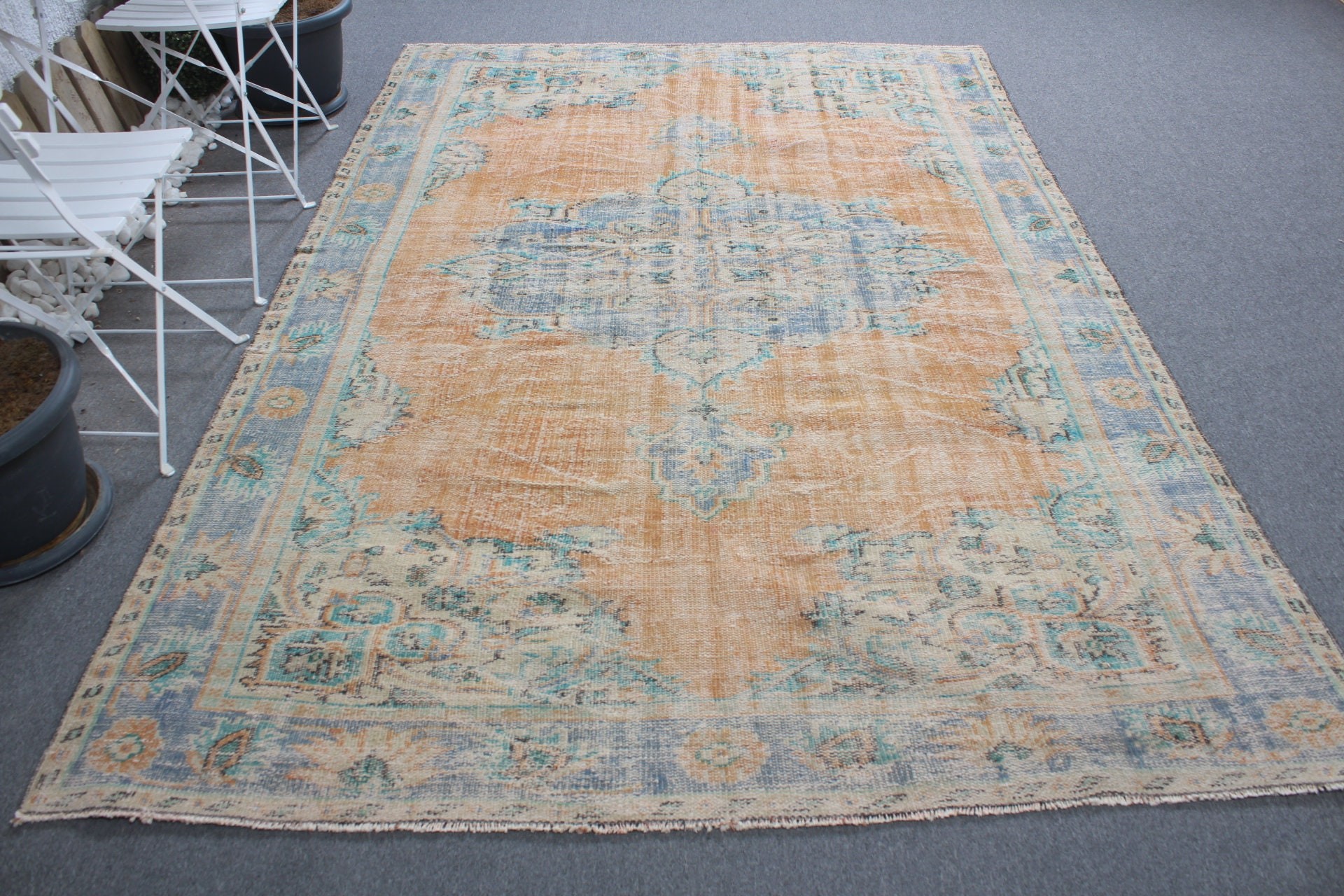 Vintage Halılar, Oryantal Halılar, Ev Dekorasyonu Halısı, 6.2x8.9 ft Büyük Halılar, Oturma Odası Halıları, Turuncu Zemin Halısı, Yemek Odası Halısı, Türk Halısı