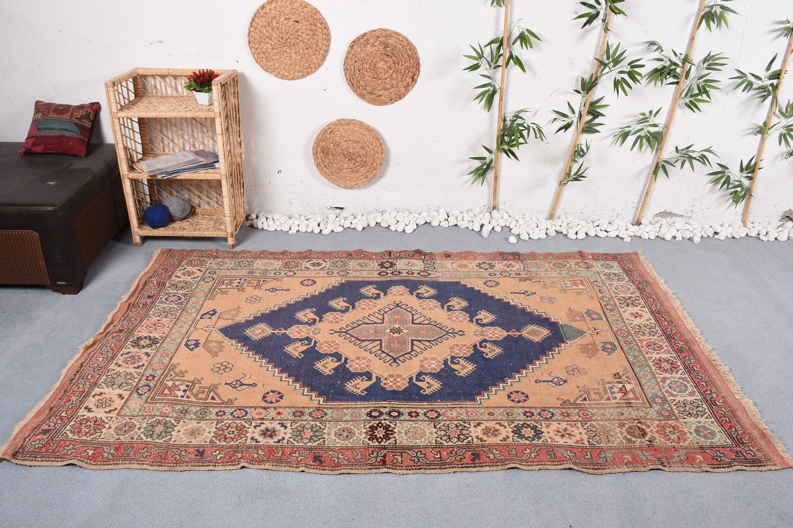Nursery Rugs, Turkish Rug, Moroccan Rugs, Living Room Rug, Kitchen Rug, 4.6x7.6 ft Area Rug, Rugs for Floor, Vintage Rug, Orange Cool Rug