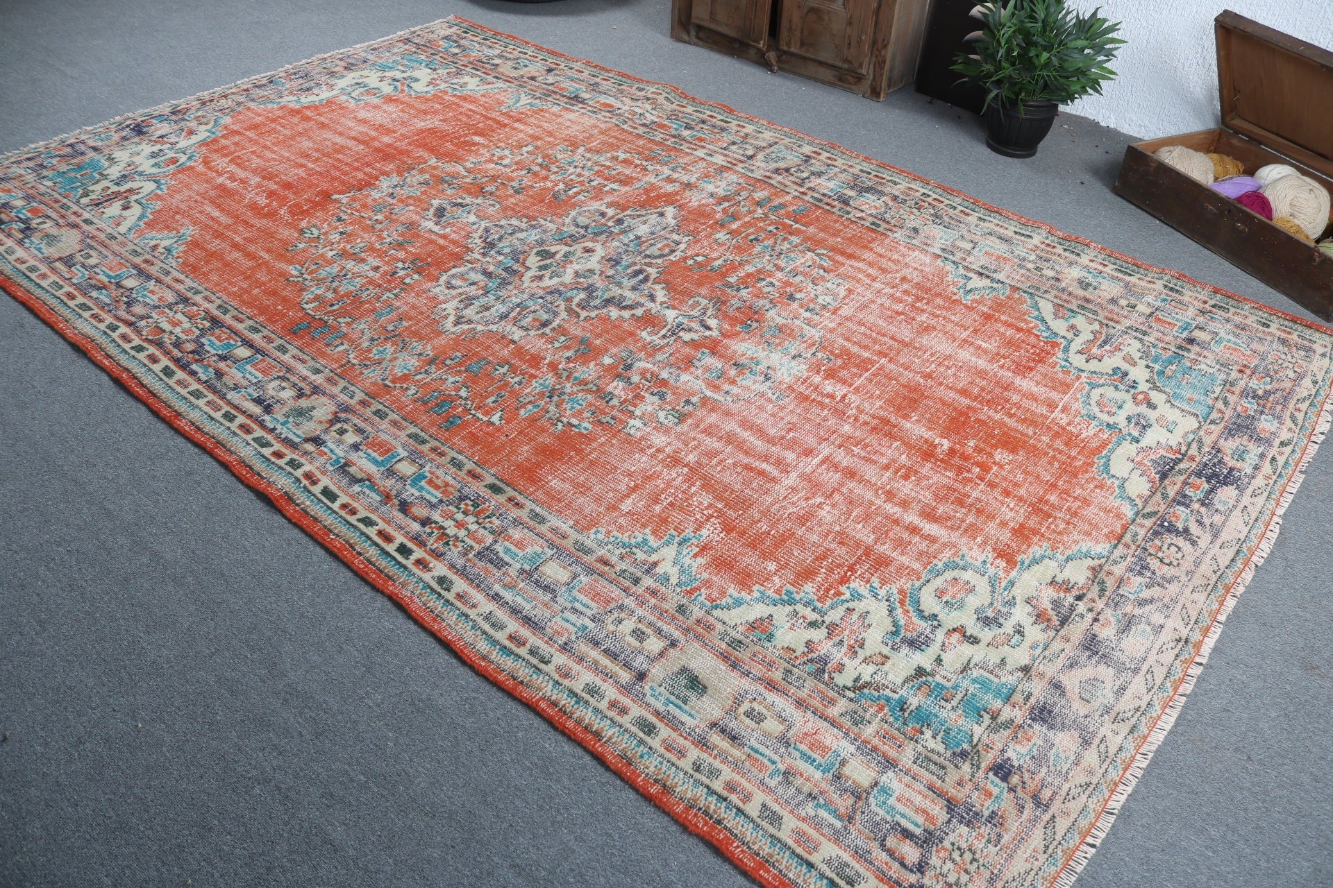 Ev Dekorasyonu Halıları, Anadolu Halıları, 6.5x10.4 ft Büyük Halı, Turuncu El Dokuma Halı, Büyük Boho Halıları, Büyük Vintage Halı, Vintage Halılar, Türk Halısı