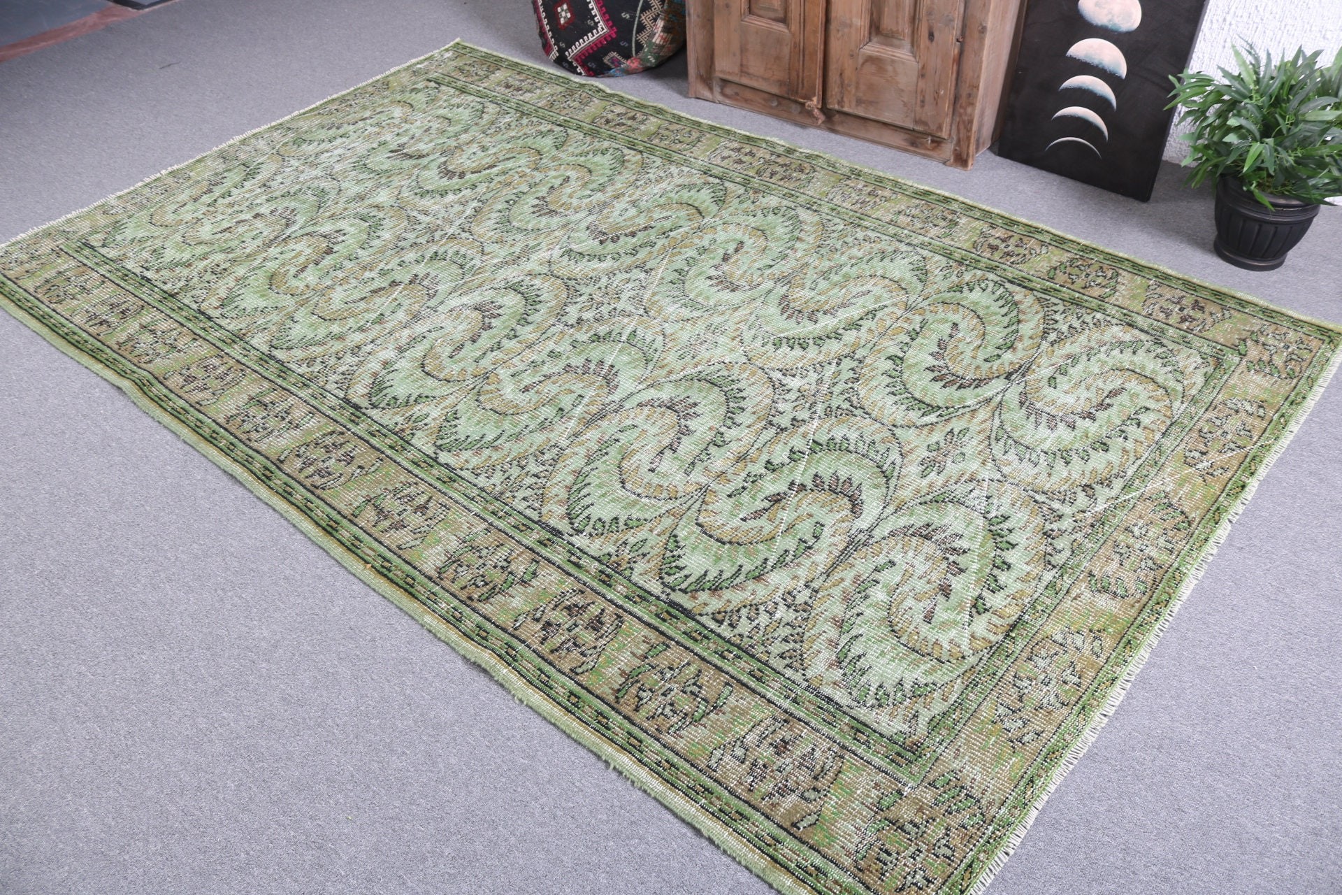 Oturma Odası Halıları, 5.5x8.8 ft Büyük Halı, Estetik Halılar, Oryantal Halı, Vintage Halı, Mutfak Halıları, Türk Halıları, Yeşil Boho Halıları, Yatak Odası Halısı