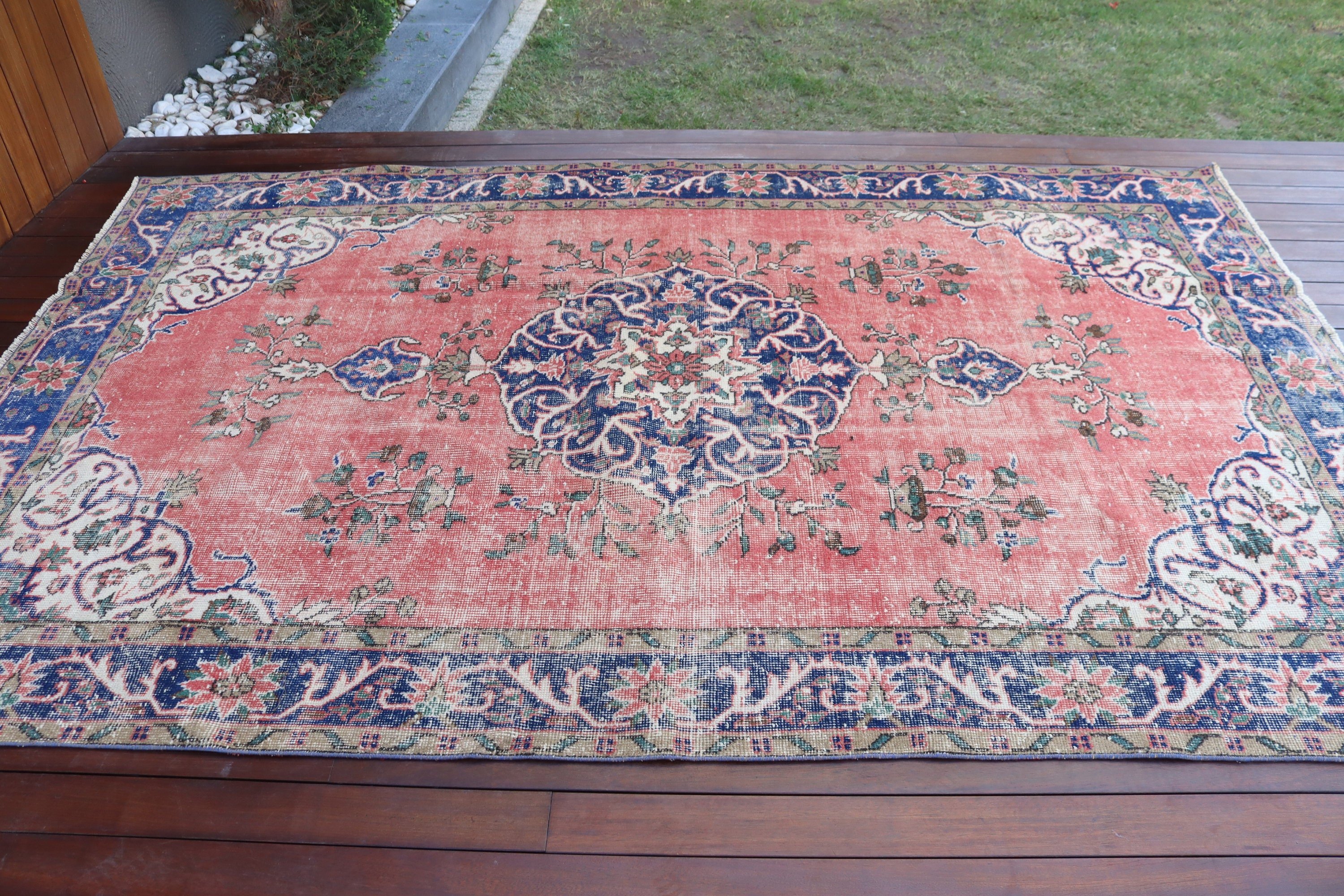 5.9x9.2 ft Large Rug, Vintage Rug, Salon Rug, Large Oushak Rug, Rugs for Salon, Neutral Rug, Red Neutral Rug, Geometric Rug, Turkish Rug