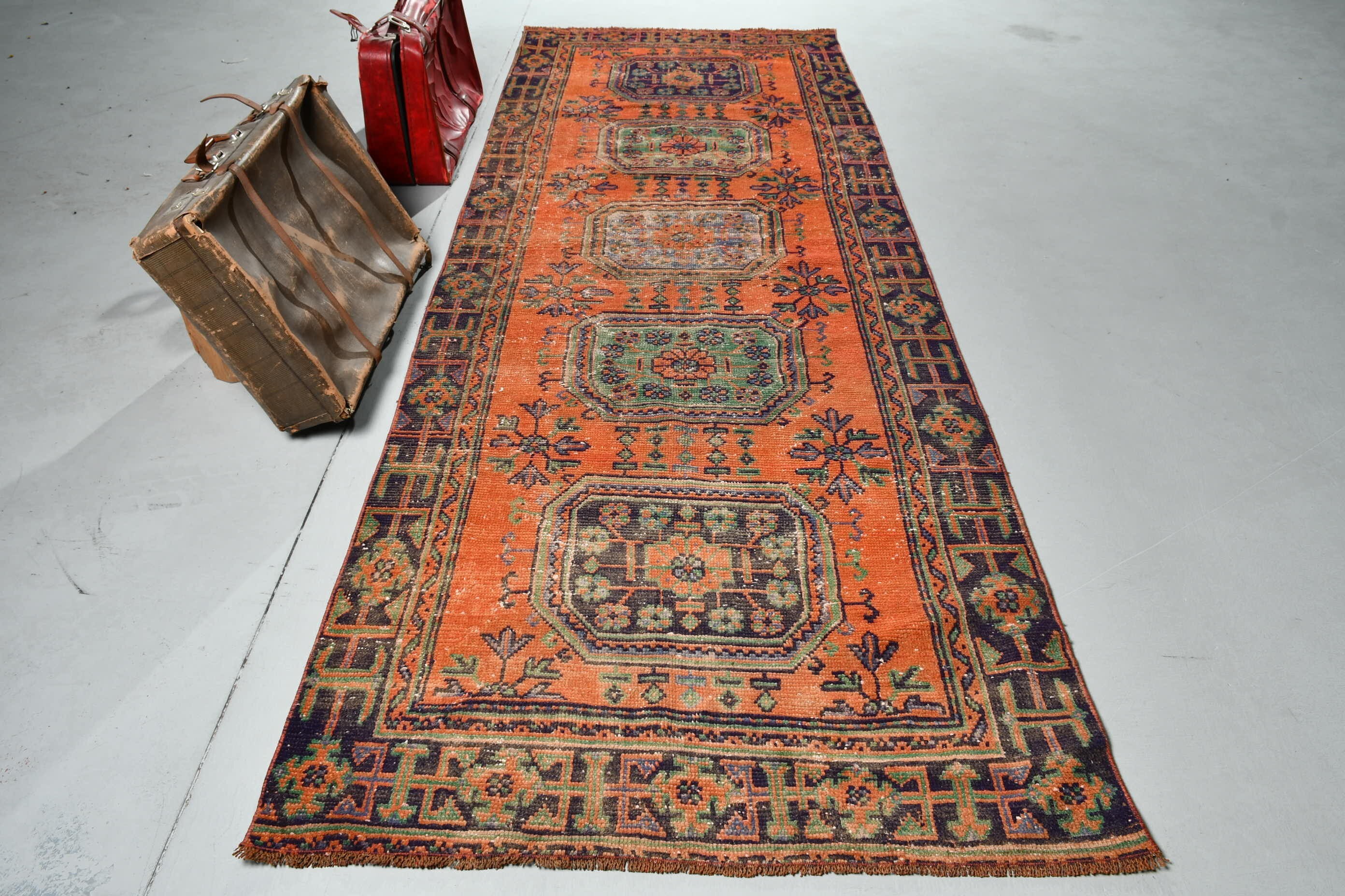 Stair Rug, Vintage Rug, Turkish Rugs, 4x10.4 ft Runner Rug, Orange Floor Rugs, Oriental Rug, Corridor Rugs, Rugs for Runner, Wool Rugs