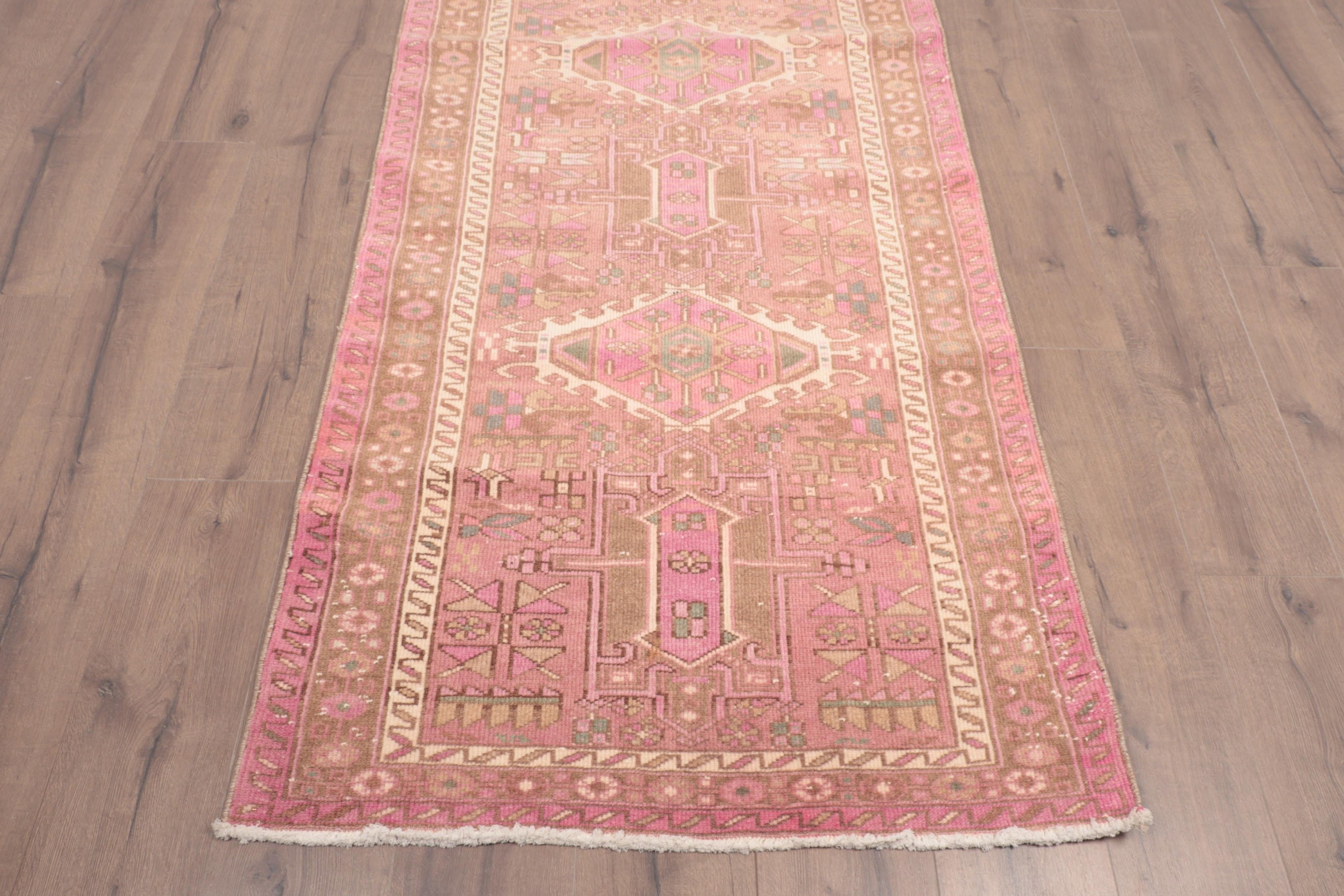 Turkish Rugs, Vintage Rug, Kitchen Rugs, Luxury Rugs, Rugs for Corridor, Aztec Rug, Pink Wool Rugs, Hallway Rug, 3.2x12.5 ft Runner Rug