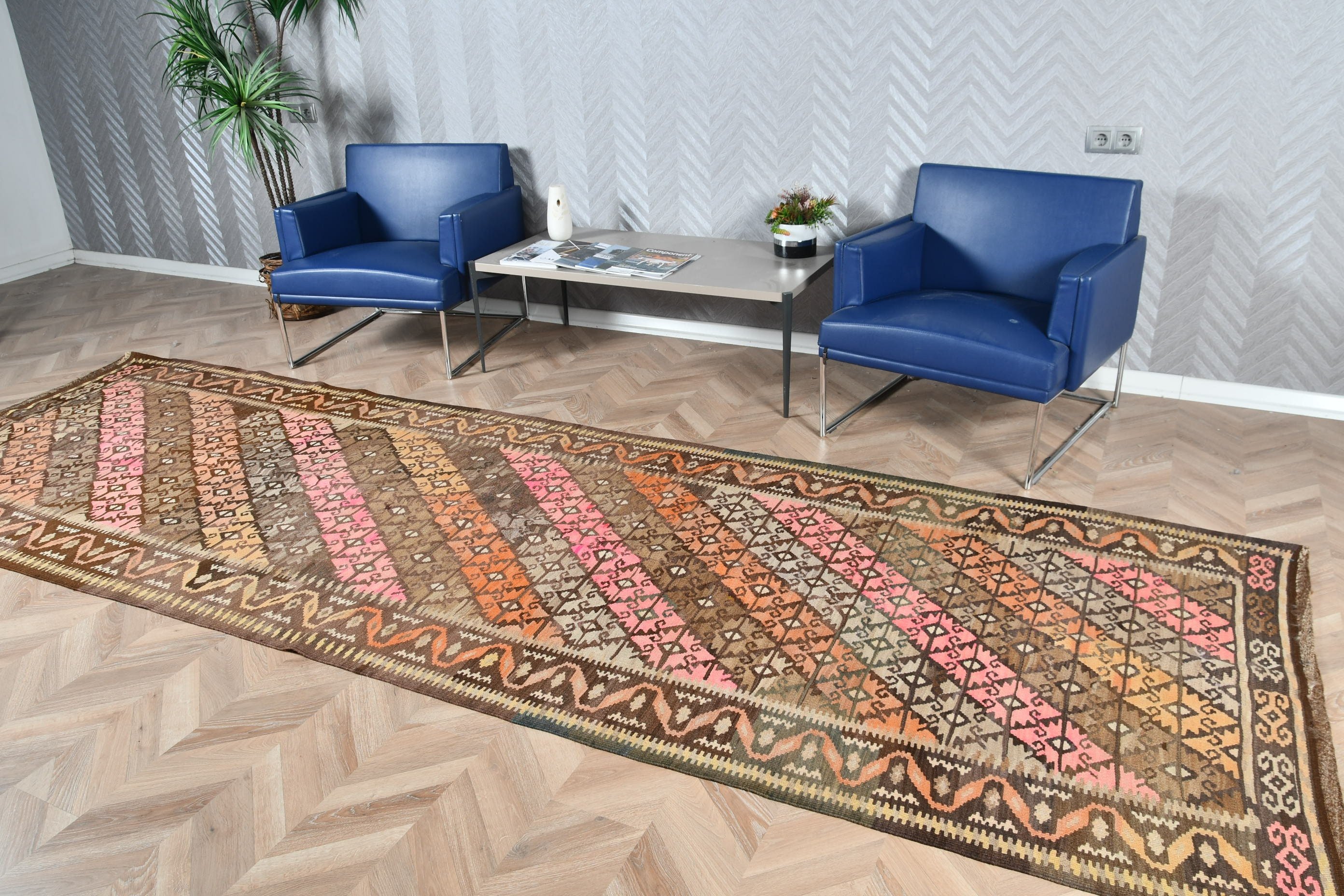 4.3x13.6 ft Runner Halısı, Vintage Halılar, Türk Halısı, Ofis Halıları, Fas Halısı, Runner Halıları, Kahverengi Yatak Odası Halısı, Merdiven Halısı