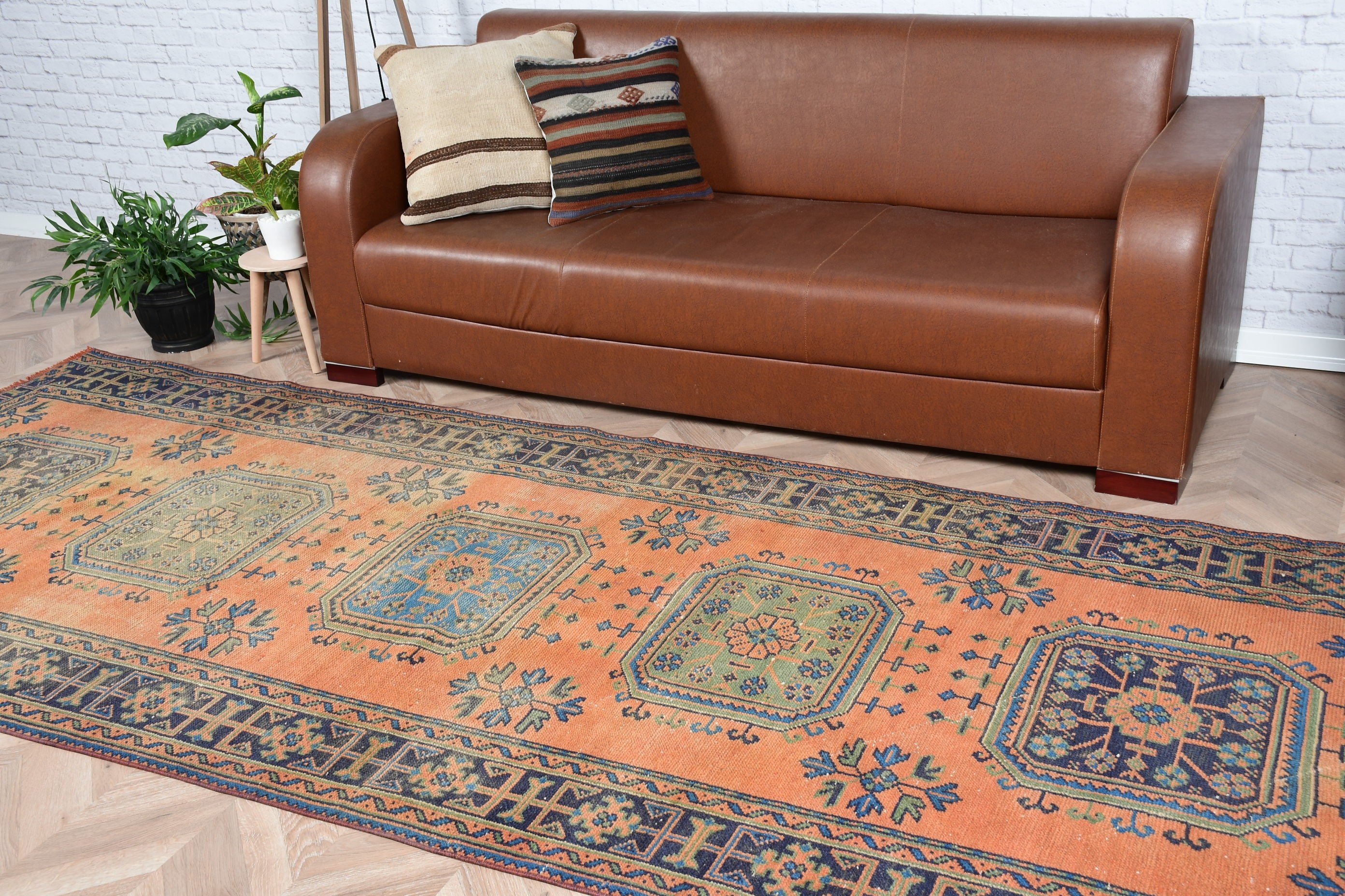 Vintage Rug, Salon Rug, Turkish Rug, Living Room Rug, Wool Rug, Brown  4.4x10.7 ft Large Rug, Pastel Rug, Anatolian Rug