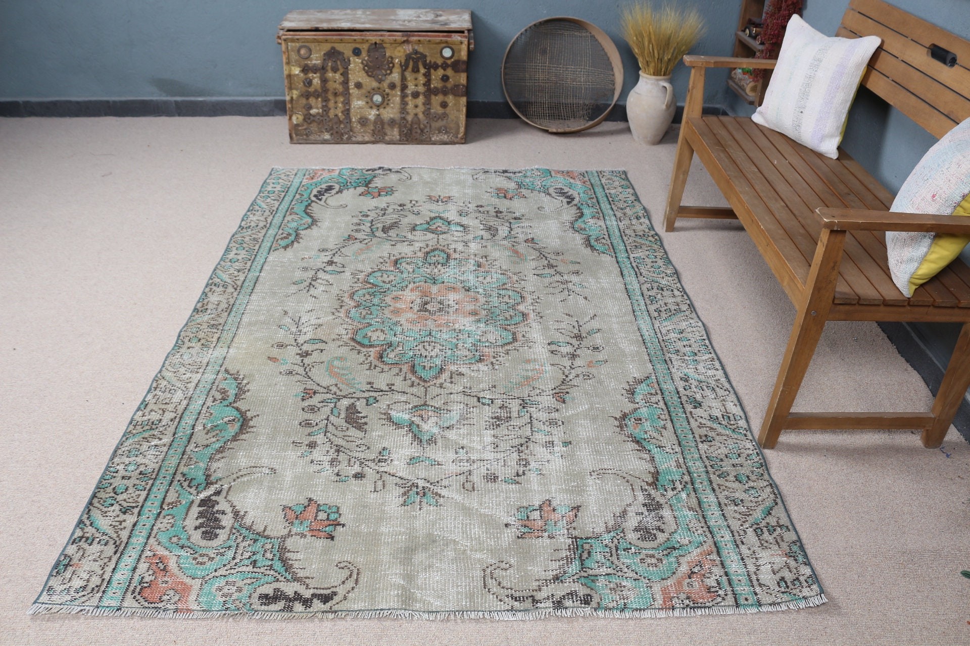 Yeşil 5x7,3 ft Alan Halıları, Vintage Halılar, Yemek Odası Halısı, Alan Halıları, Türk Halıları, Fas Halısı, Türkiye Halısı