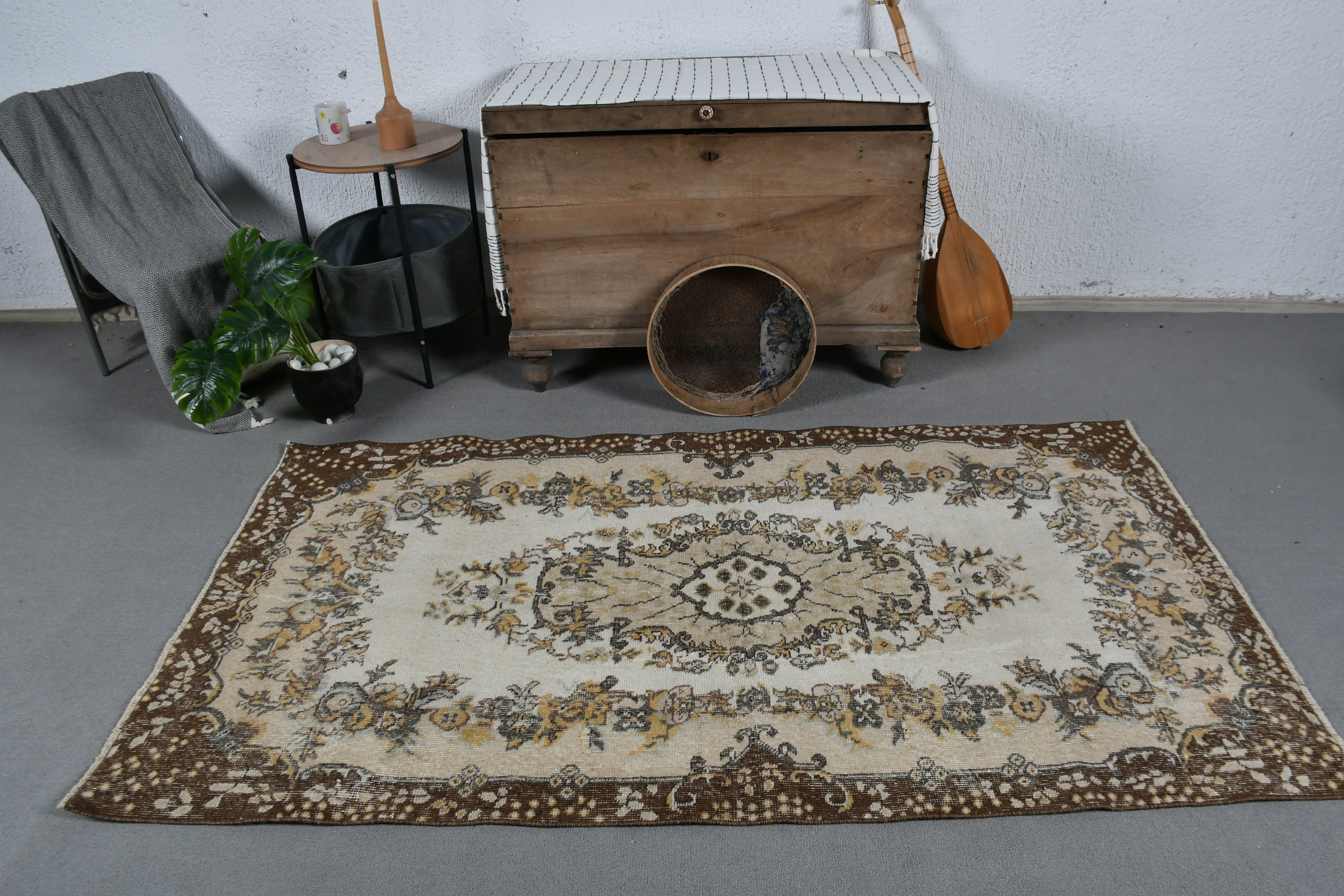 Floor Rug, Dining Room Rugs, 3.7x6.7 ft Area Rugs, Home Decor Rug, Turkish Rug, Vintage Rug, Beige Kitchen Rug, Rugs for Living Room