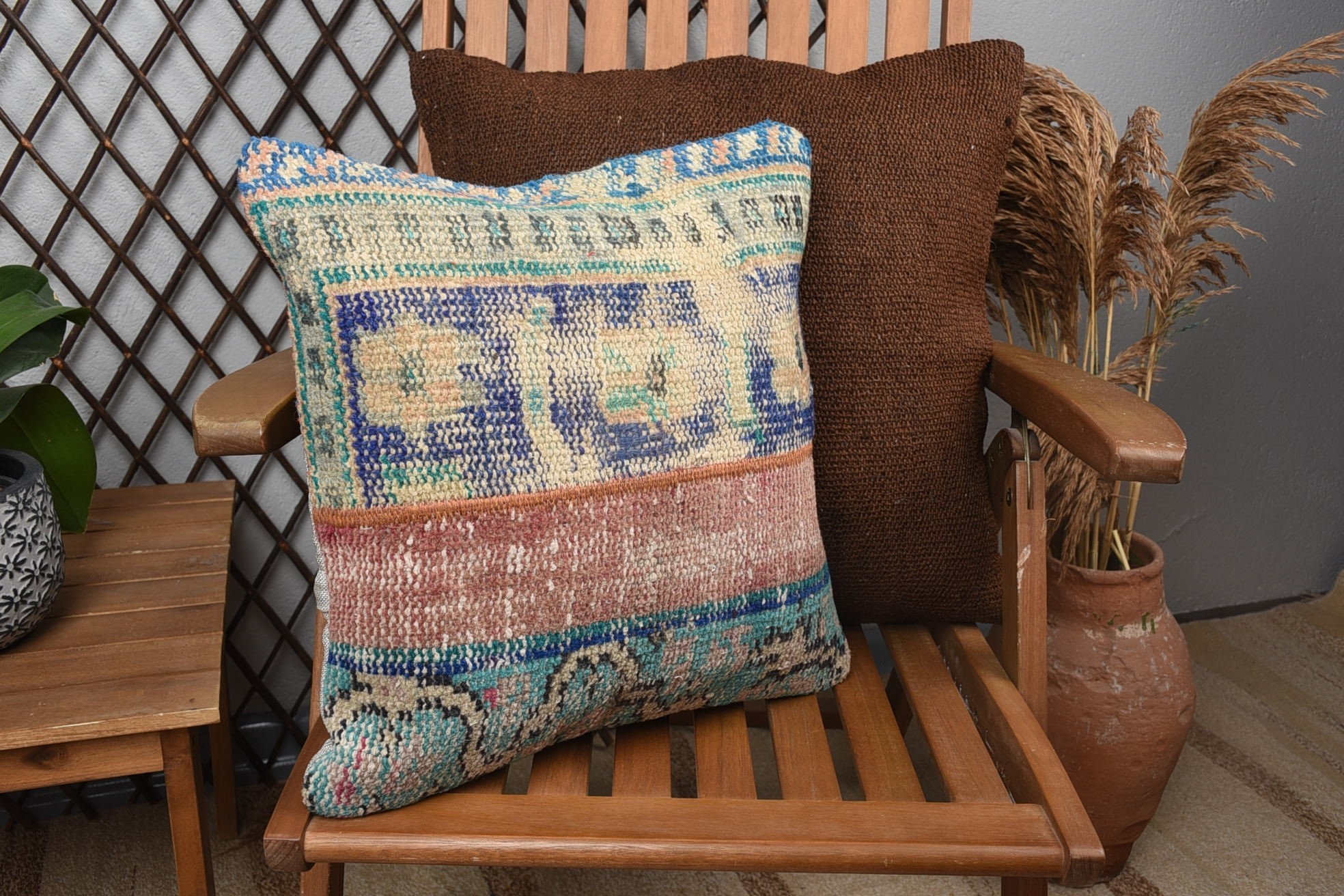 16"x16" Blue Pillow Cover, Decorative Pillow Cover, Ethnical Kilim Rug Pillow, Handmade Kilim Cushion, Pillow for Couch