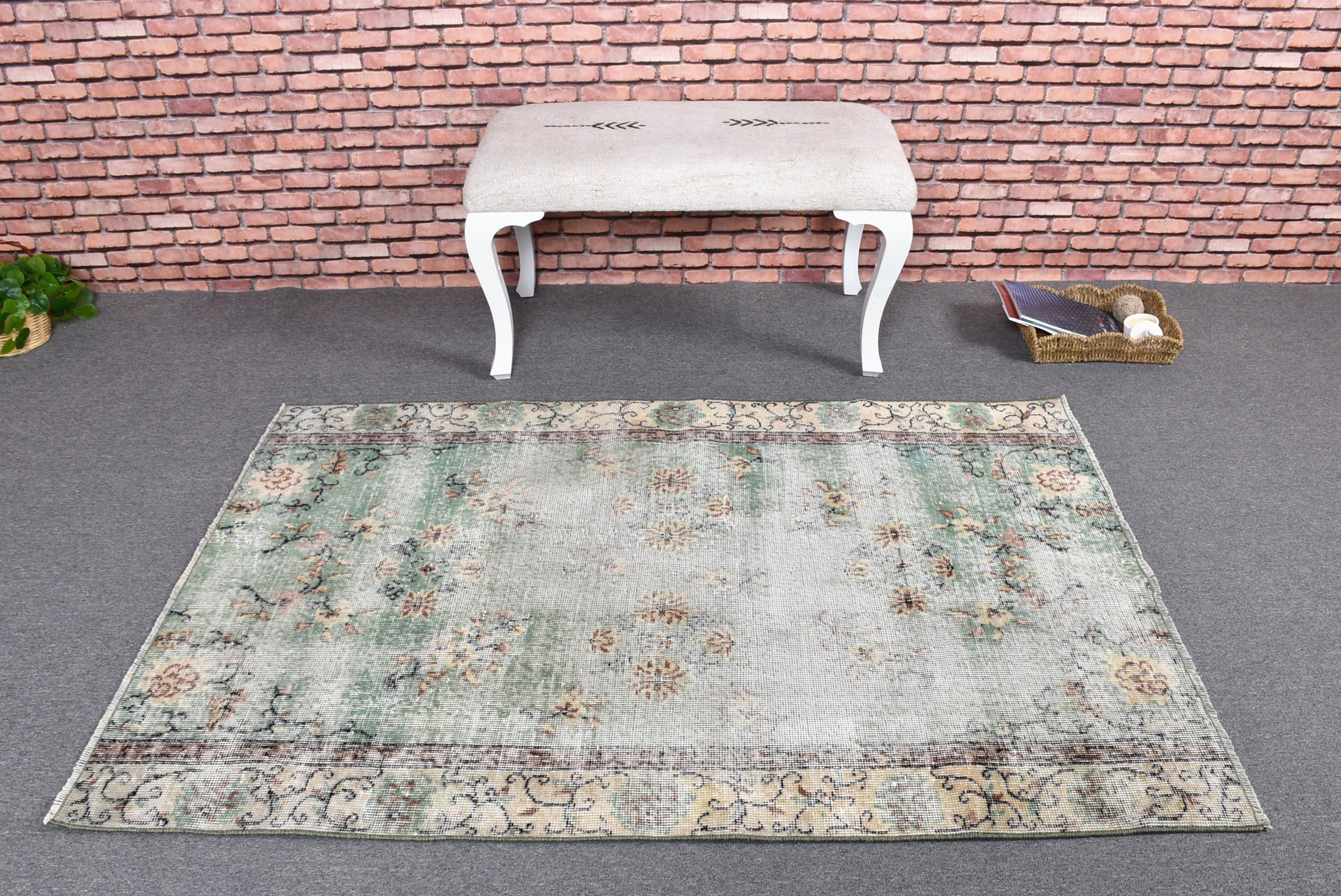 Türk Halıları, Boho Halısı, 3,7x5,5 ft Aksan Halısı, Vintage Halı, Düz Dokuma Halı, Yatak Odası Halıları, Yeşil Boho Halısı, Dekoratif Halı, Giriş Halısı