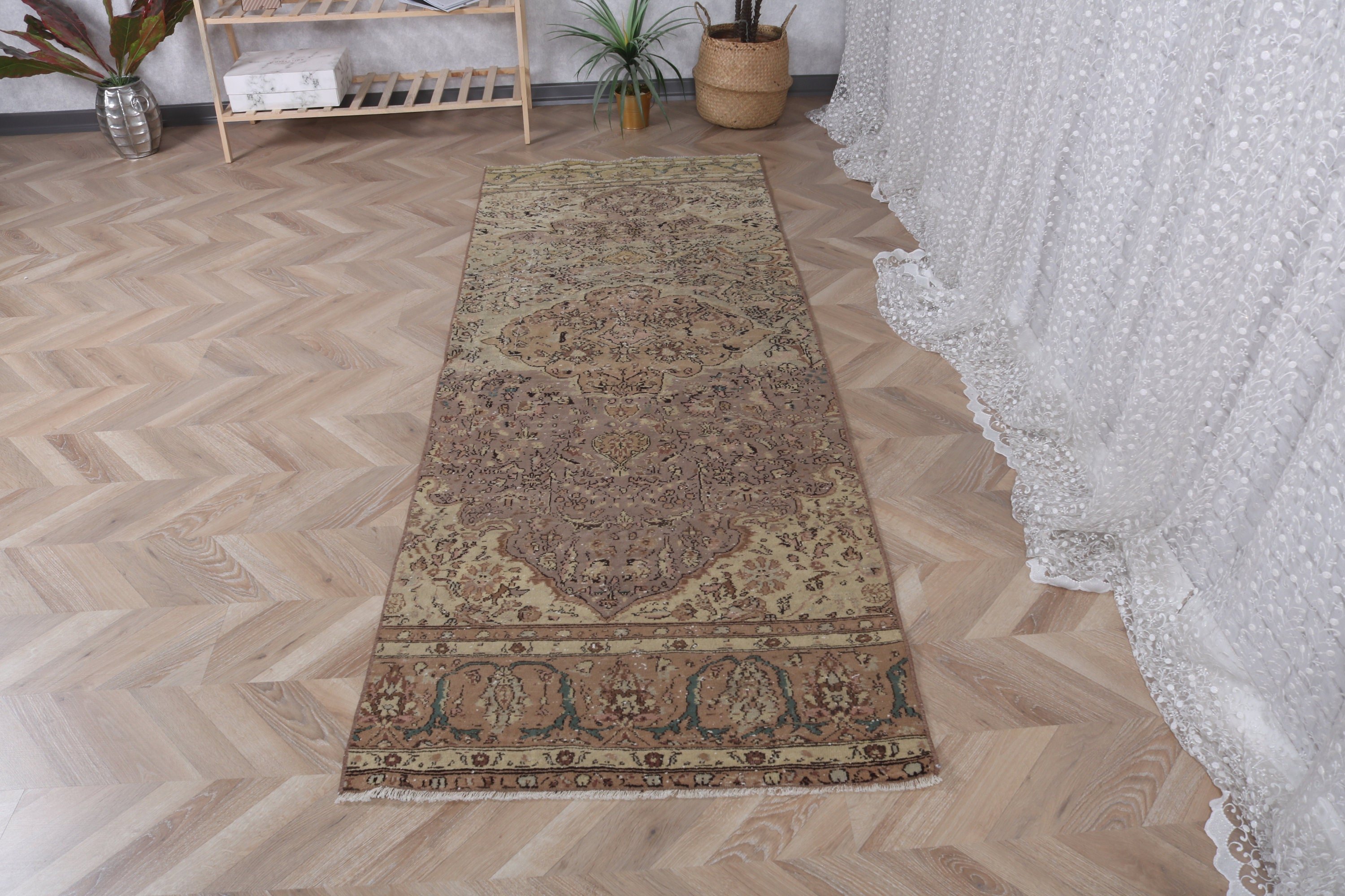 Kahverengi Oushak Halı, 2.9x7.9 ft Runner Halıları, Beni Ourain Runner Halıları, Nötr Halılar, Vintage Halı, Koridor Halıları, Türk Halısı, Boho Halıları