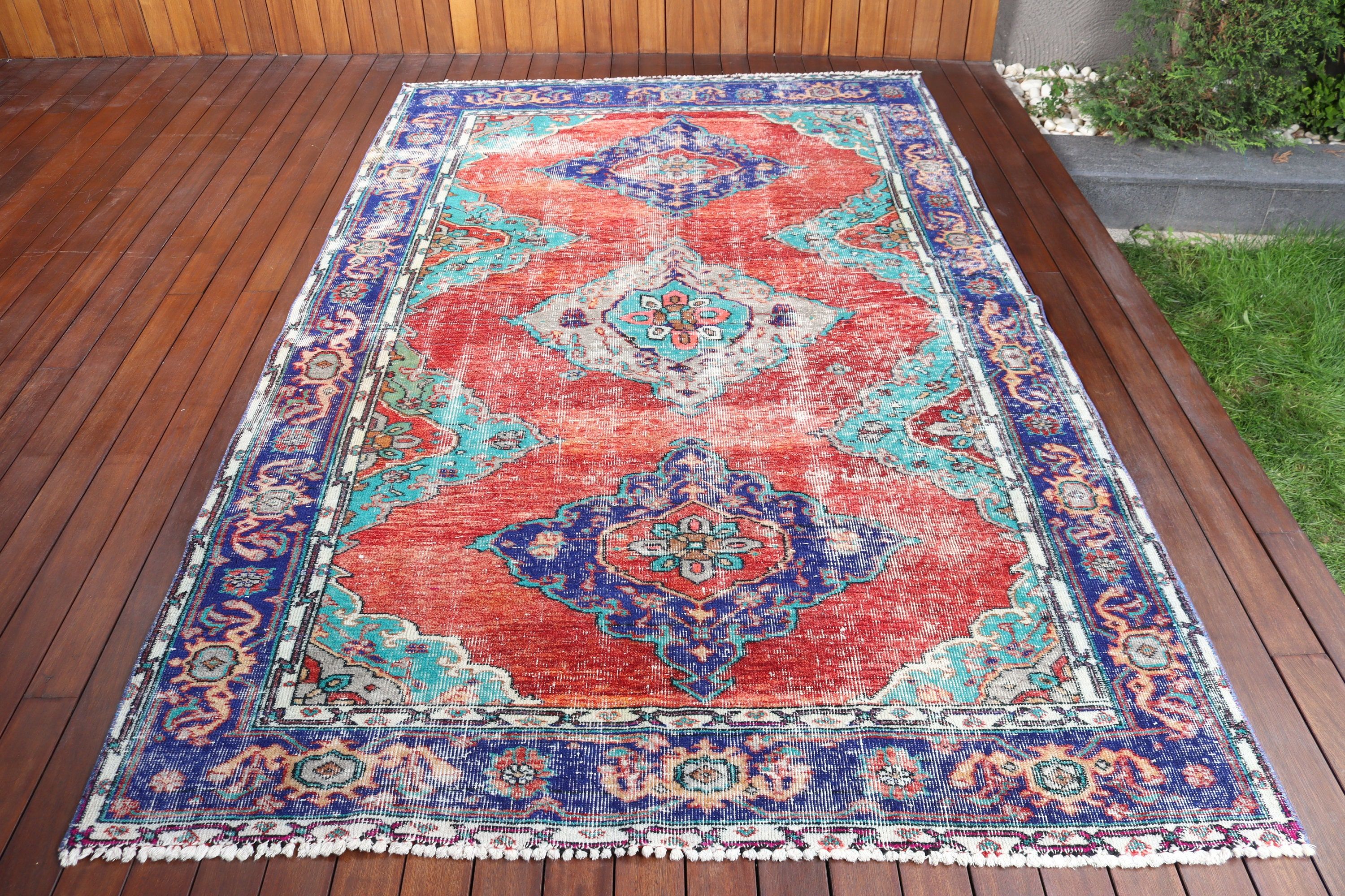 5.6x9.2 ft Büyük Halı, Yer Halısı, Boho Halısı, Büyük Oushak Halısı, Kırmızı El Dokuma Halıları, Vintage Halı, Oturma Odası Halıları, Türk Halısı, Açıklama Halıları